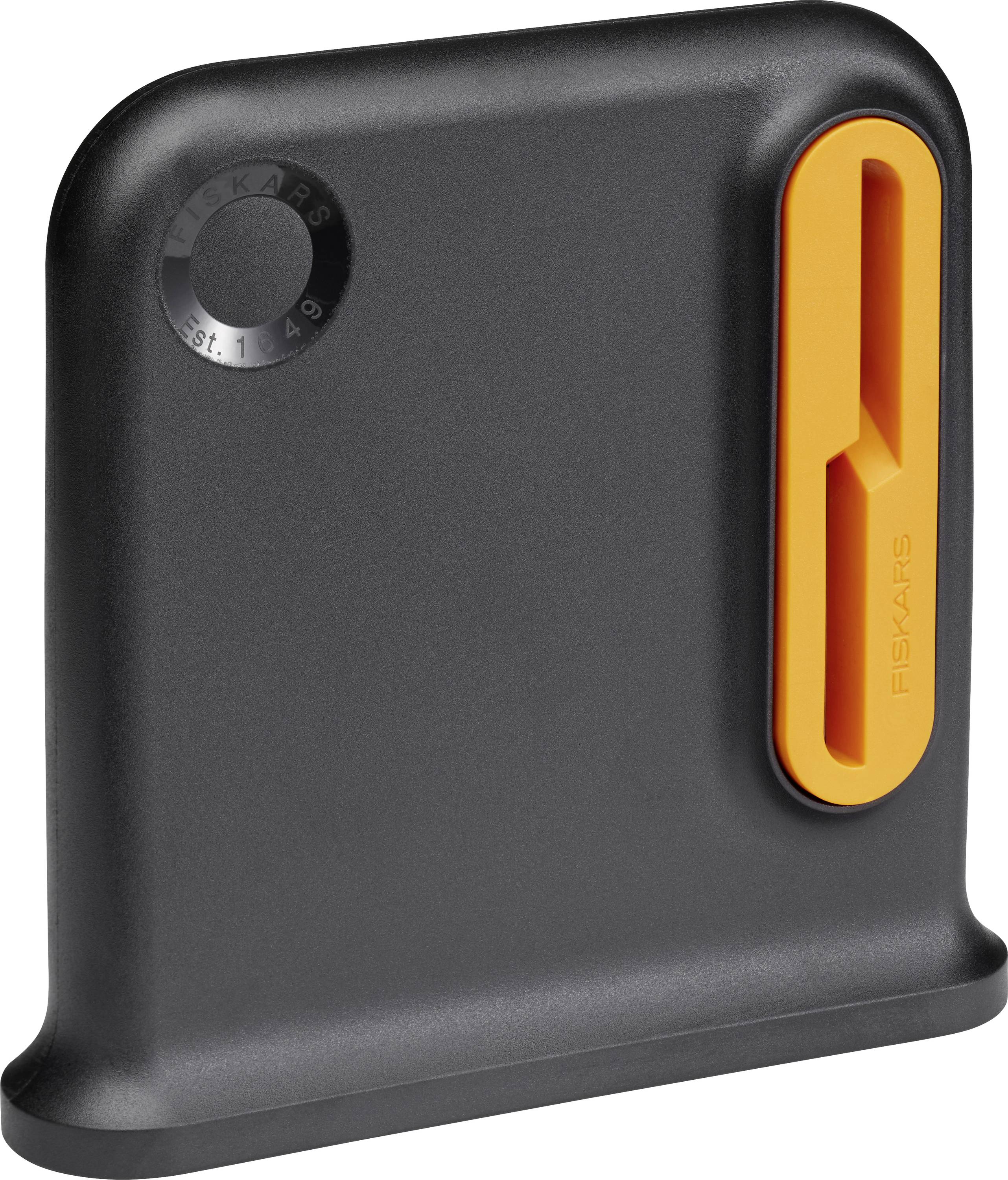 Black Fiskars protective case with orange side latch and rounded base, shown on a white background.
