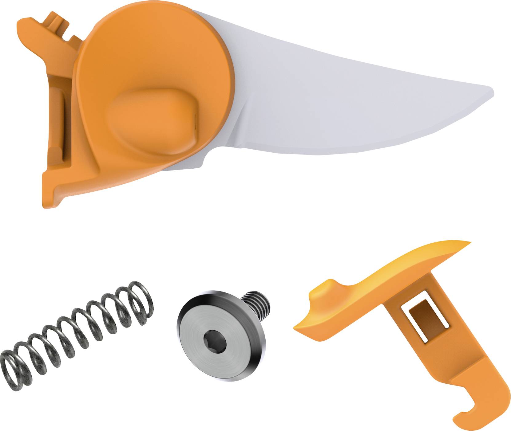 Exploded view of a utility knife showing the blade handle assembly, spring, screw, and release lever separated for assembly or repair.