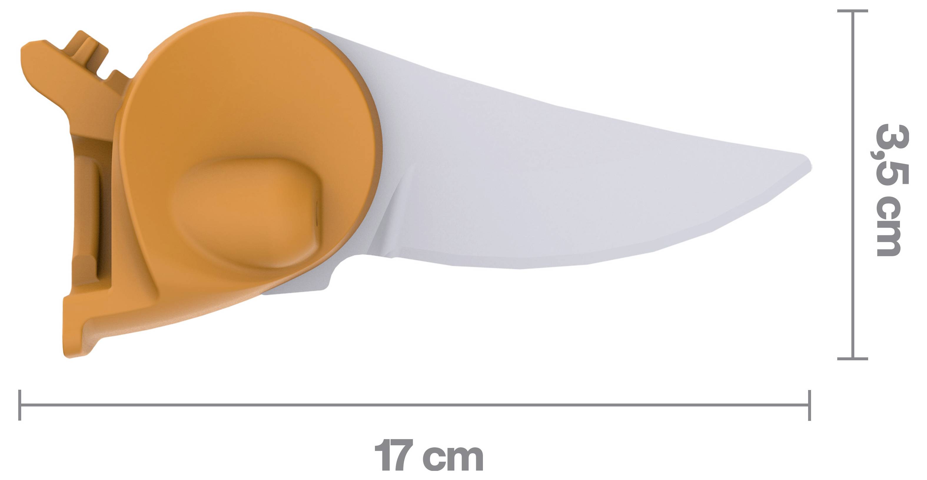 Orange safety knife with retractable blade, shown with dimensions 17 cm long and 3.5 cm high.