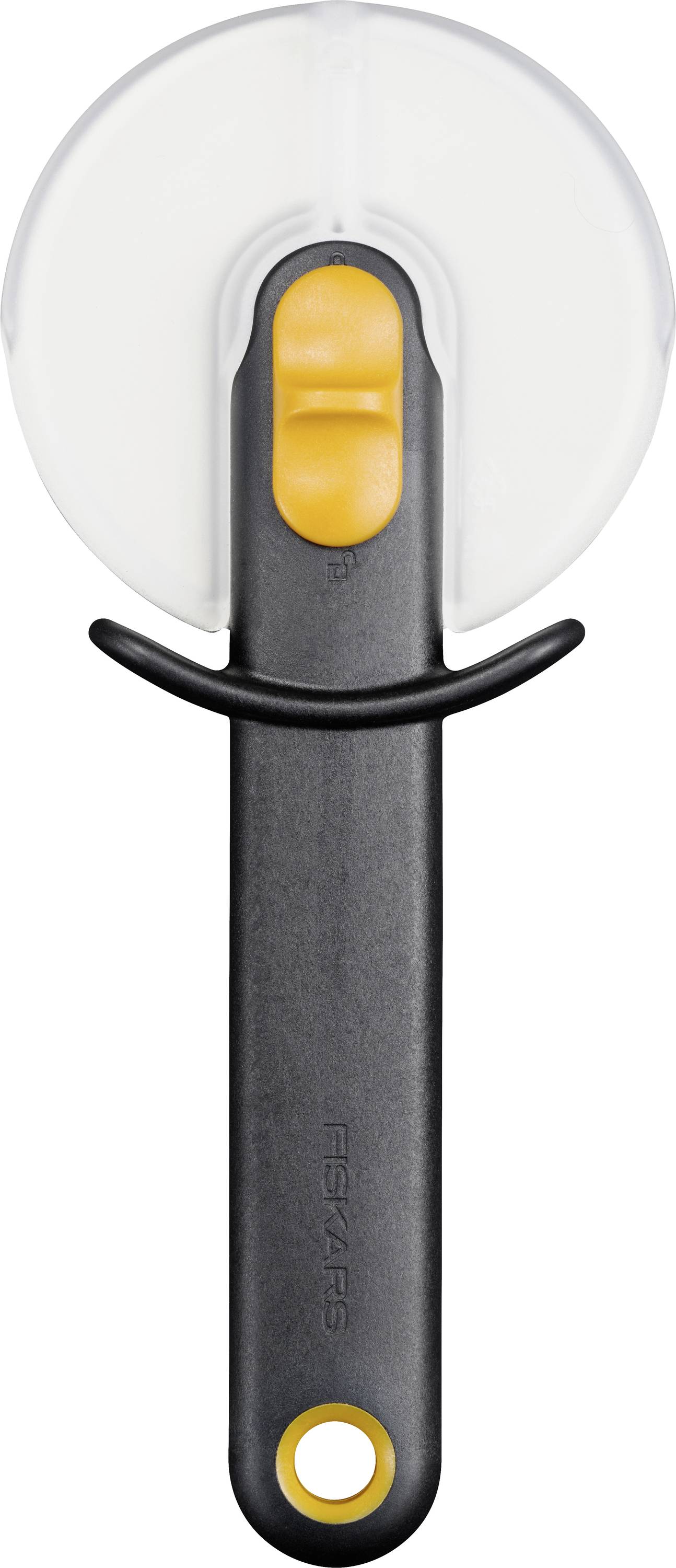Black and orange kitchen peeler with a circular blade guard, shown vertically on a white background.