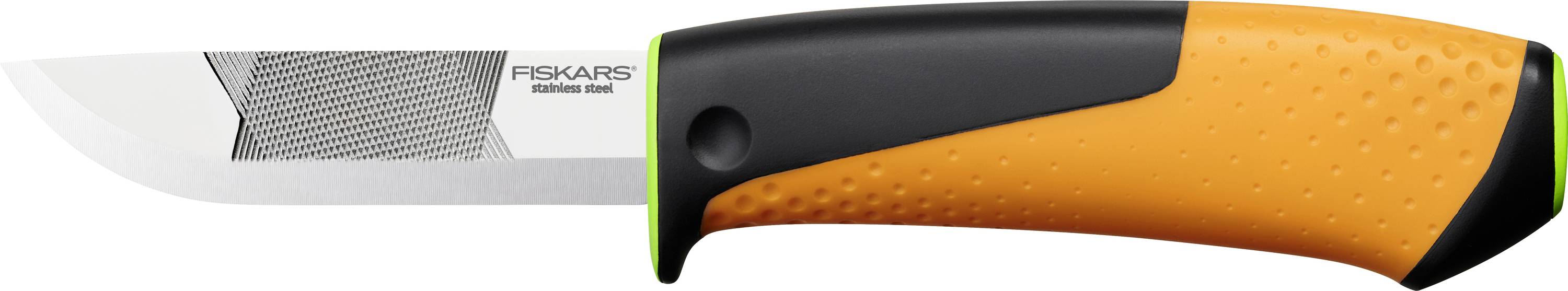 Close-up of a Fiskars kitchen knife with a silver blade and orange, black-handled grip.