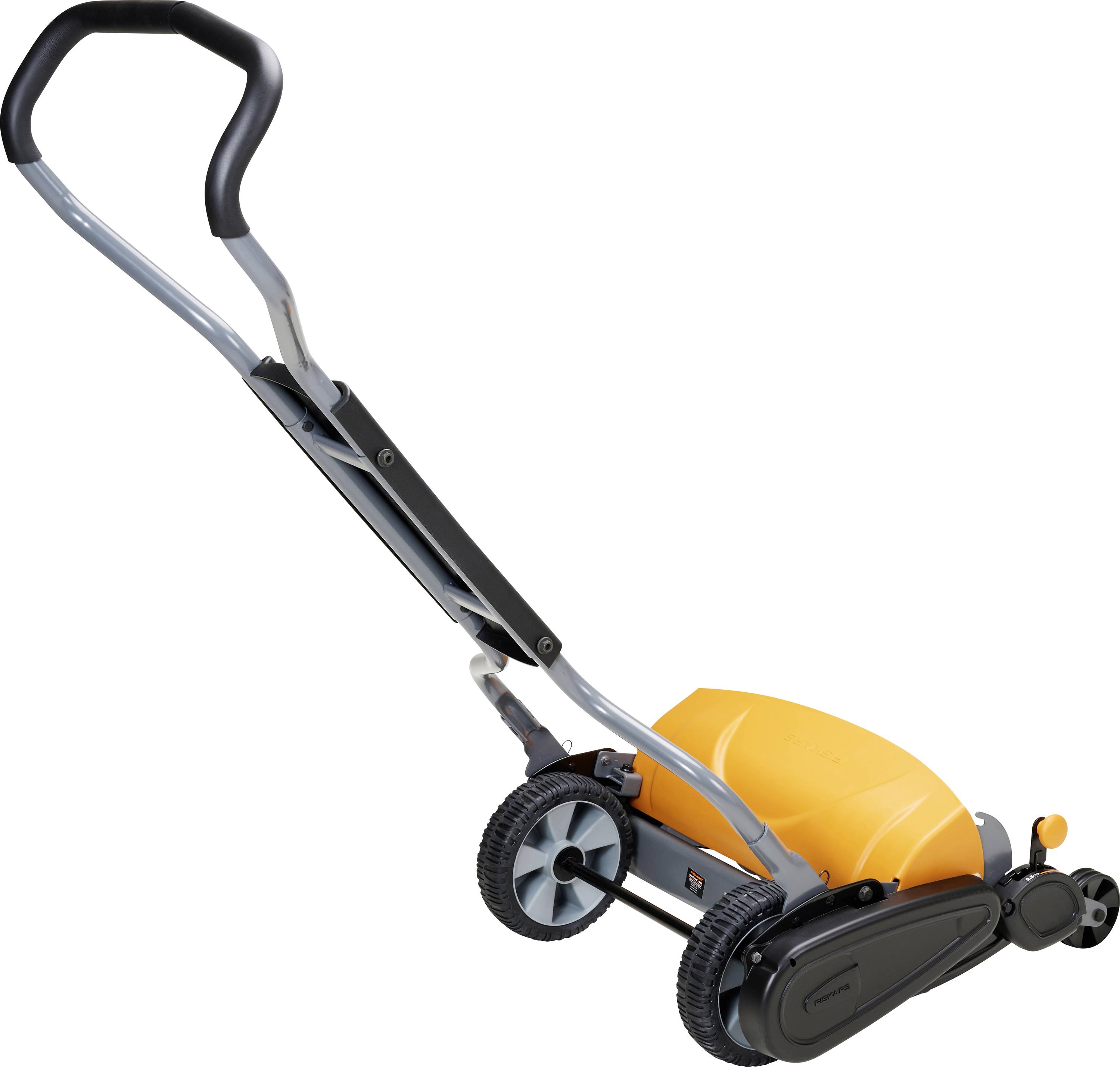 Electric push reel lawn mower with orange cutting deck, black handle, and two large rear wheels on a white background.