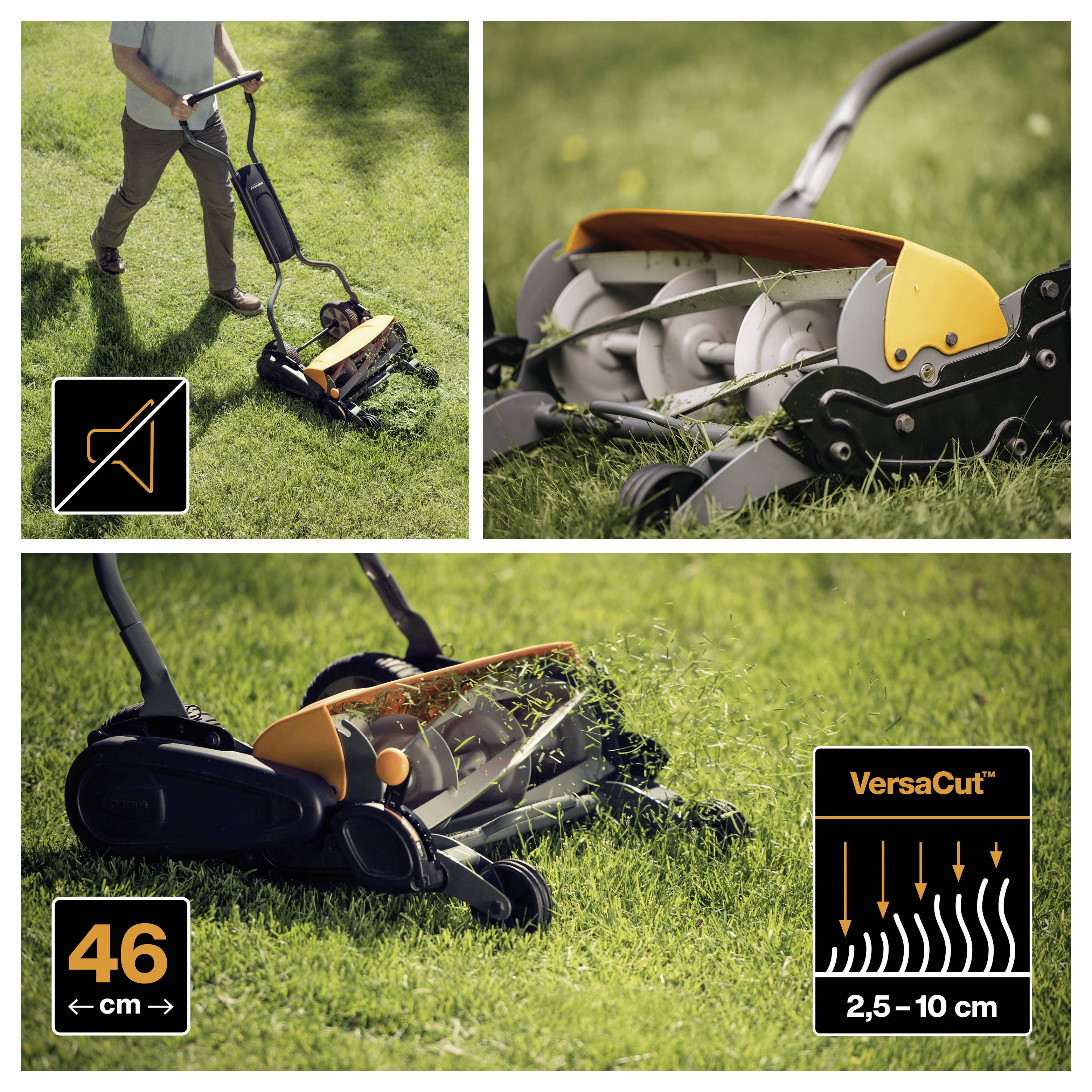 Collage of a person using a push reel lawn mower on grass, with close-ups of the mower blades and labels showing 46 cm cutting width and 2,5-10 cm cutting height.