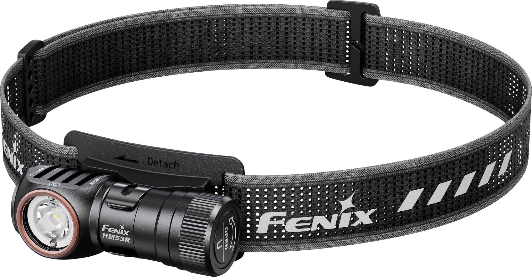 Black Fenix headlamp with adjustable headband and front LED light, shown with 'Detach' mount for hands-free outdoor use.
