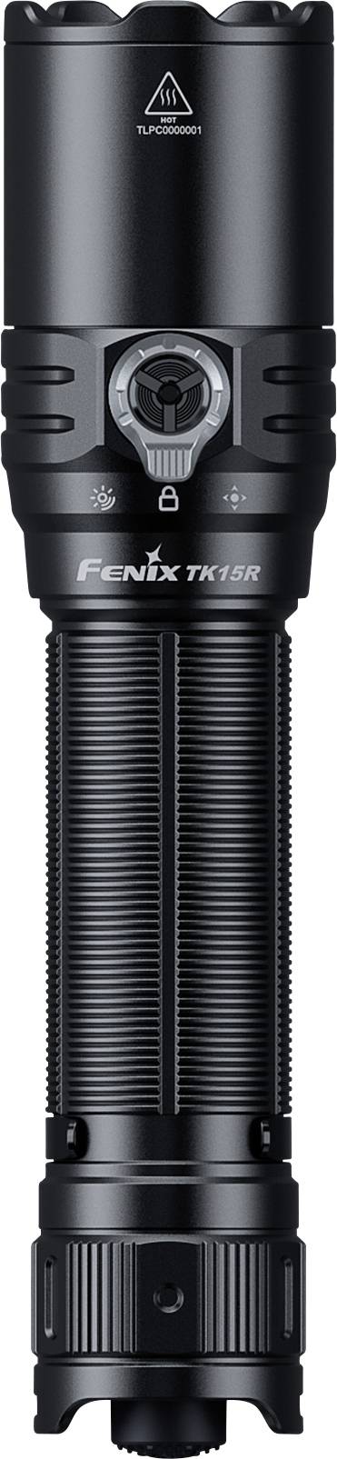 Black Fenix TK15R flashlight shown upright, with a textured grip, side buttons, and front lens centered on a plain background.