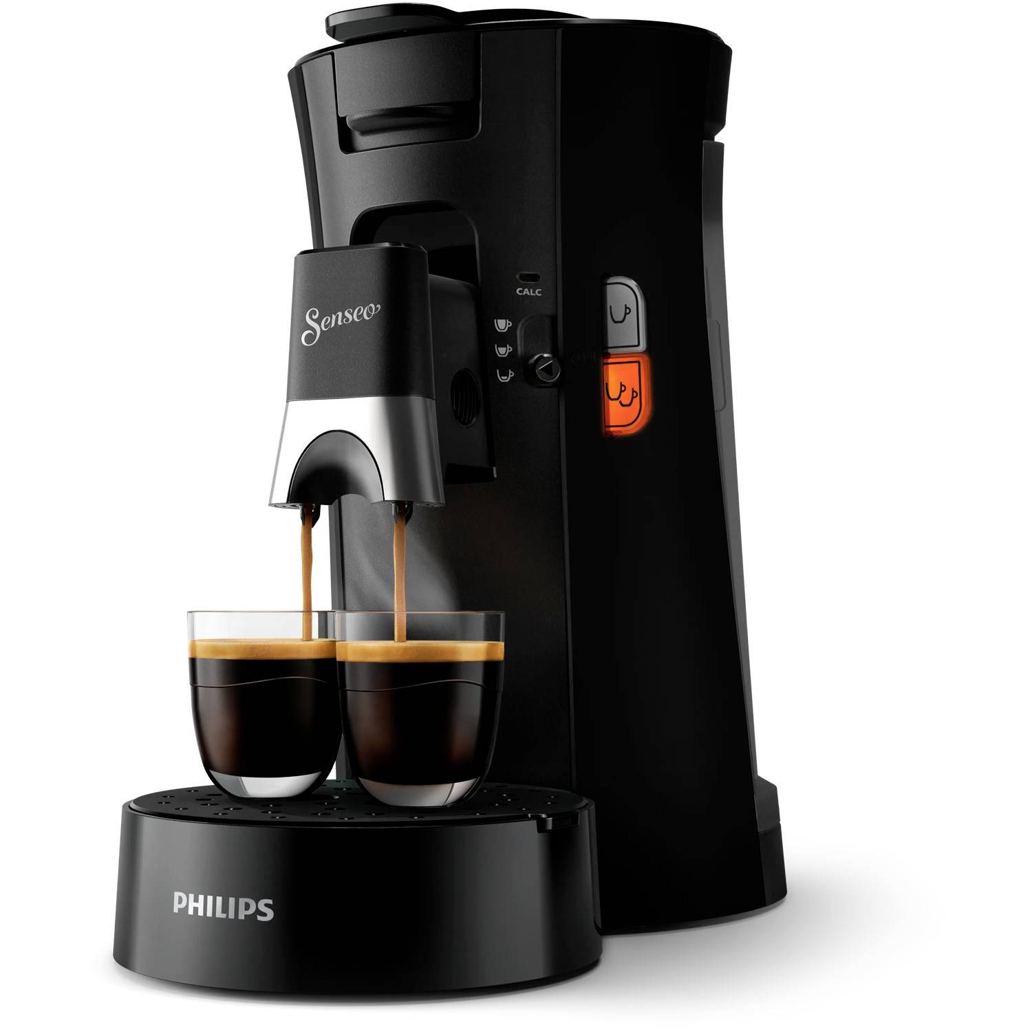 Black Philips Senseo coffee machine dispensing coffee into two cups, with orange indicator lights visible.