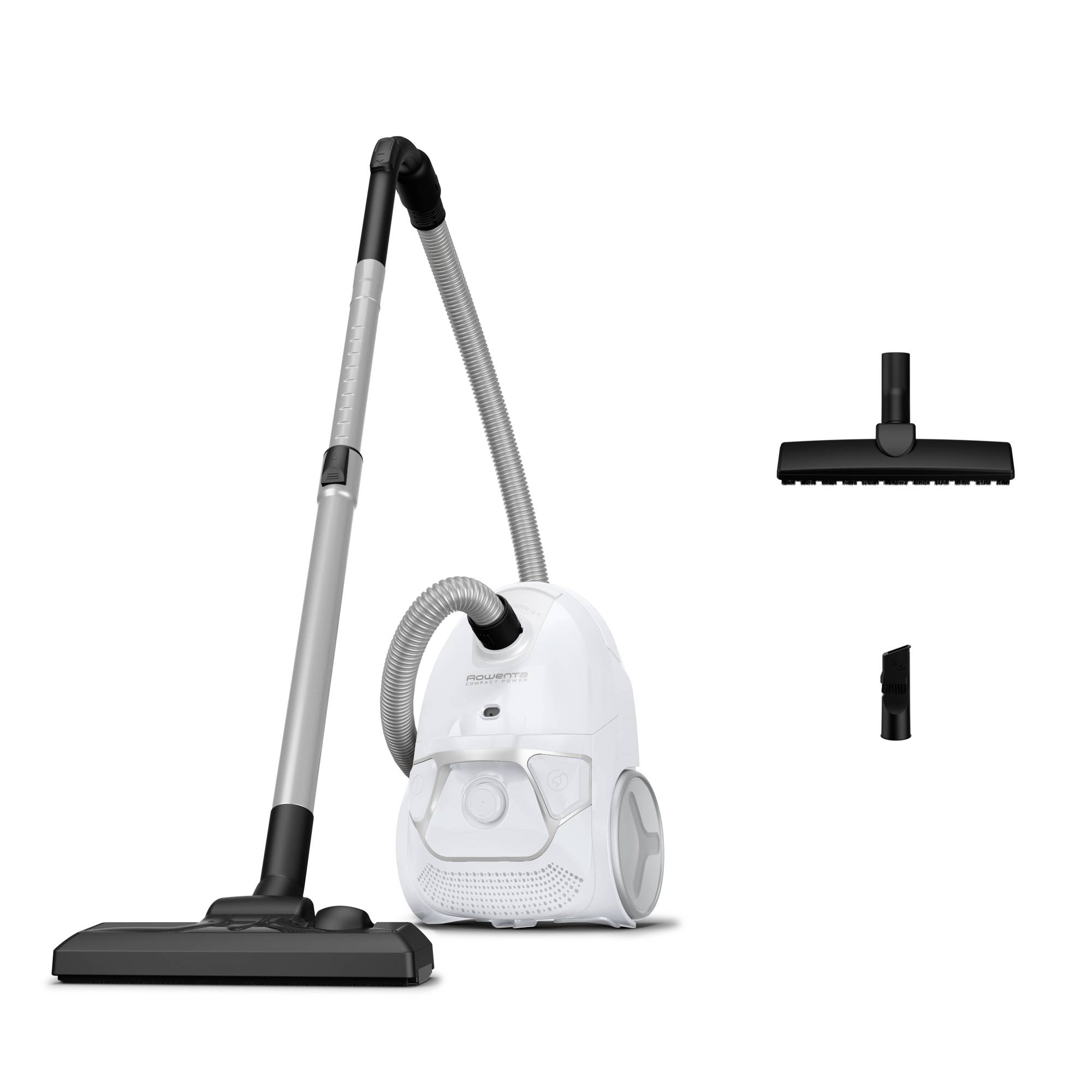 Canister vacuum cleaner with hose, floor head, and two attachments shown on a white background.