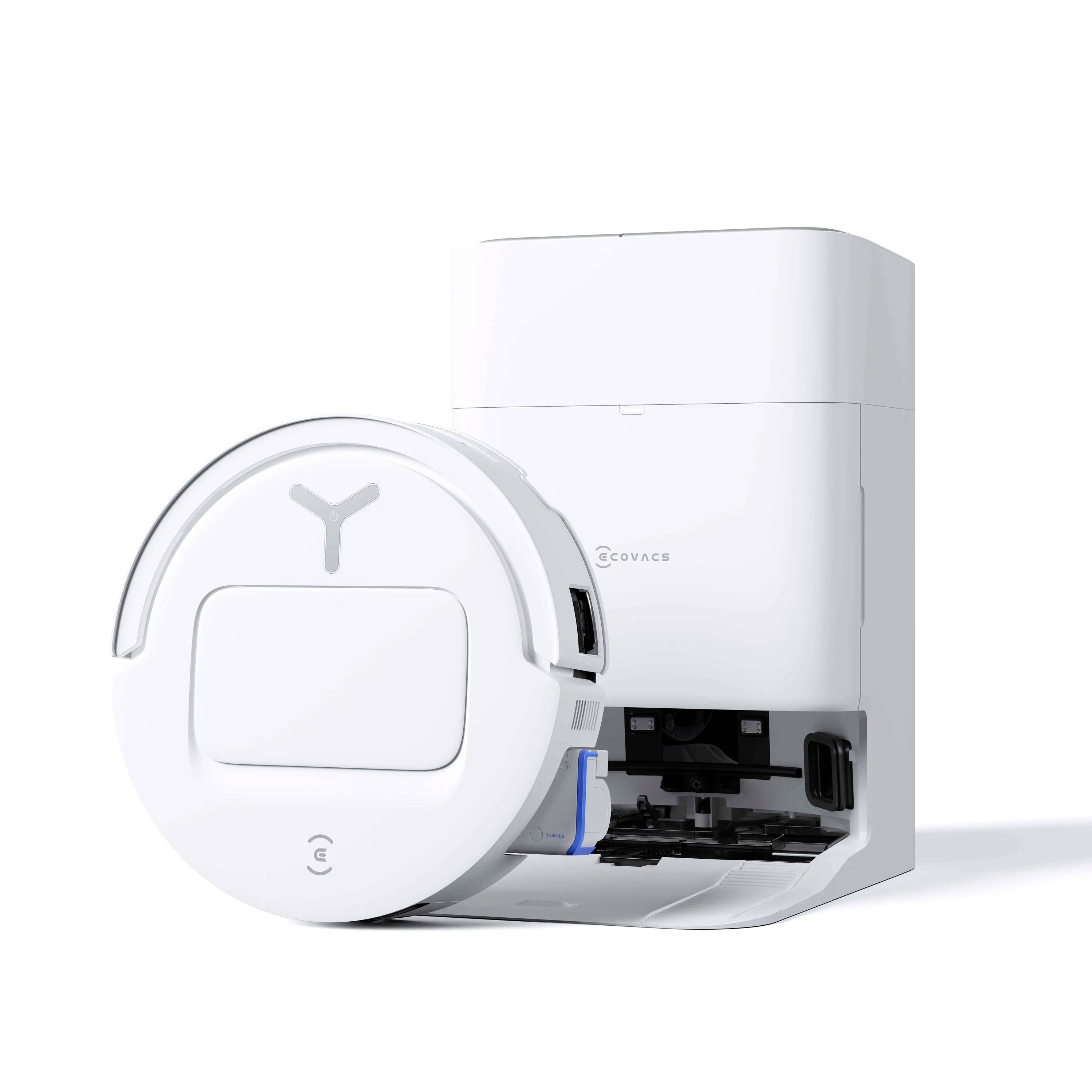 White automated robotic vacuum with a round front cover, docked in a charging station.
