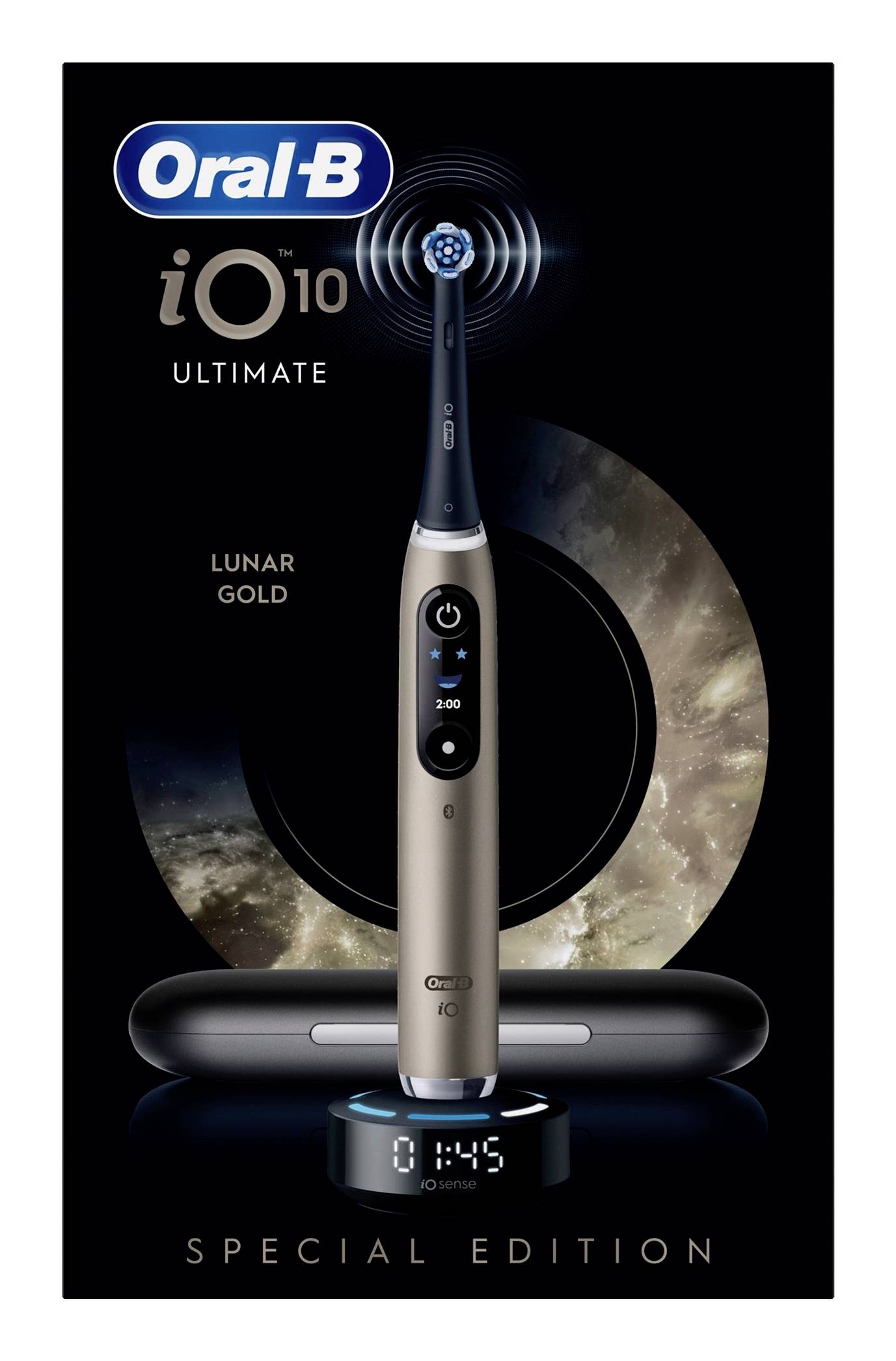 Oral-B iO10 Ultimate electric toothbrush in Lunar Gold, Special Edition, shown on a charger with a black case and digital display.