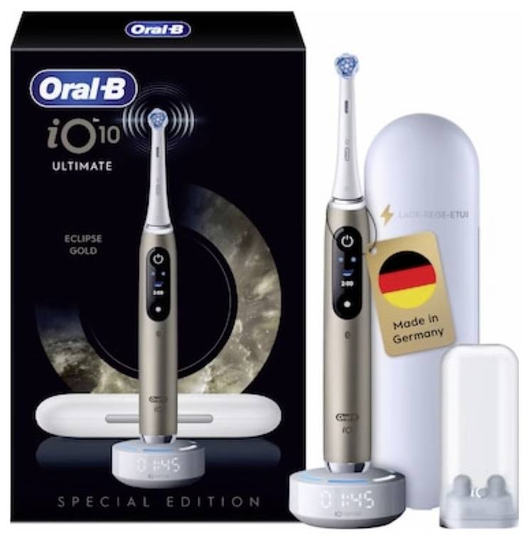 Oral-B iO10 Ultimate Eclipse Gold electric toothbrush special edition, shown with charger, travel case, and 'Made in Germany' label.