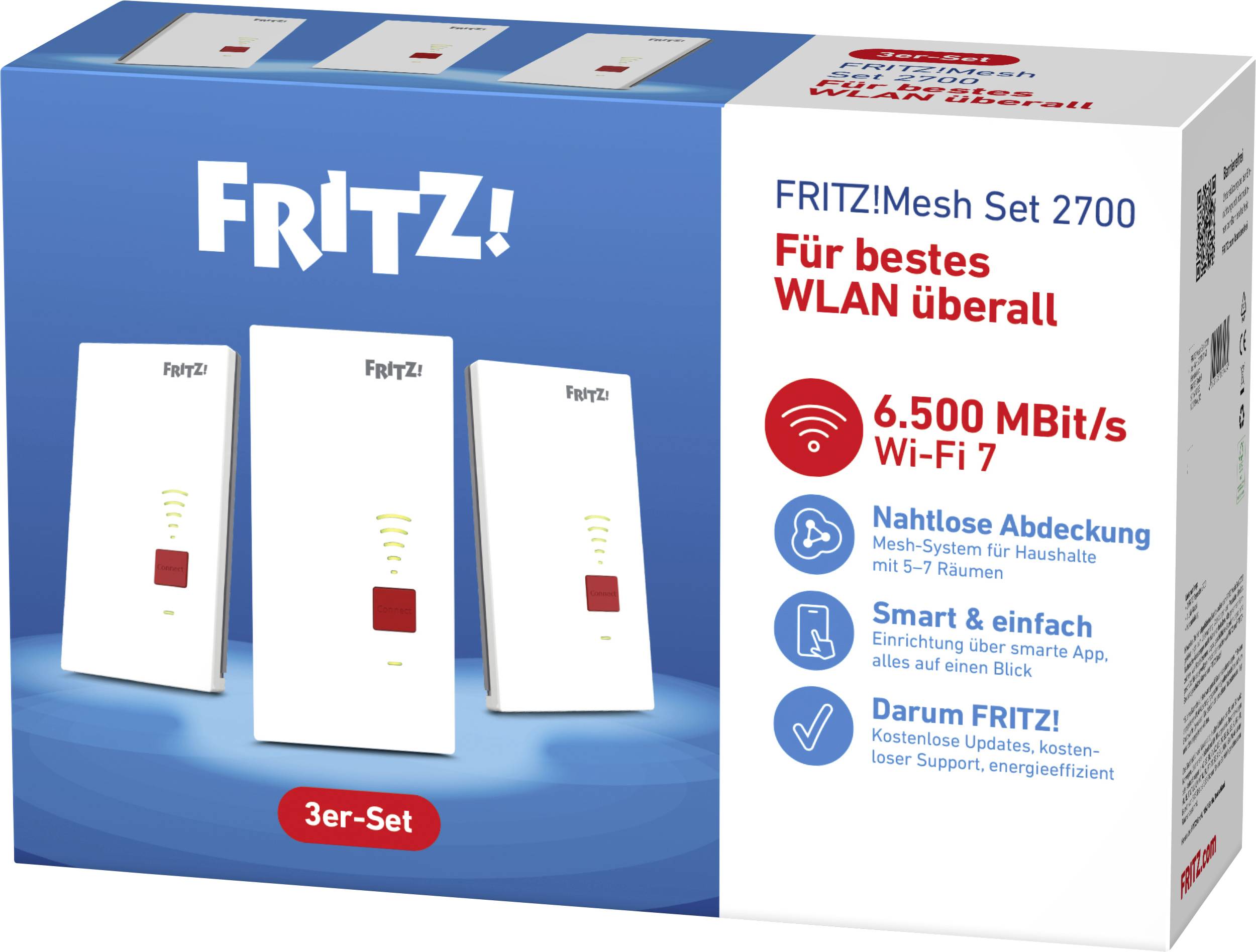 FRITZ!Mesh Set 2700 Wi‑Fi 7 3-pack router system box advertising '6.500 MBit/s', seamless coverage, and easy setup.