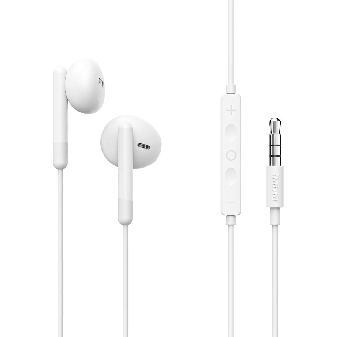 White wired earbuds with inline volume and microphone control, shown beside a 3.5 mm audio plug on a white background.