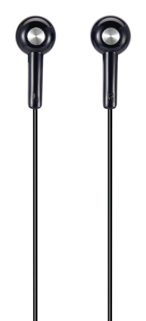 Pair of black wired earbuds shown on a white background, front view.