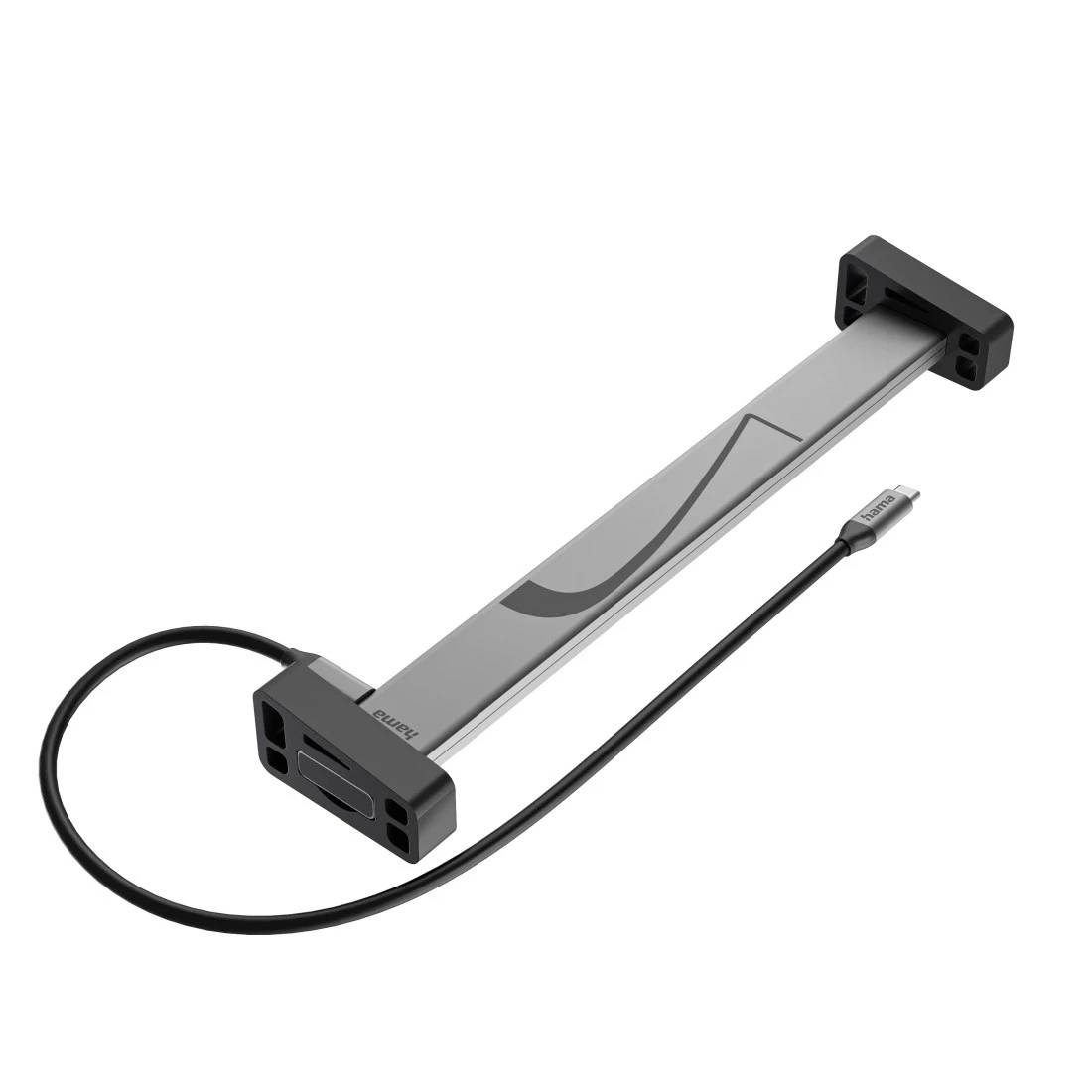 Portable USB-C hub/adapter with a slim silver body, black end caps, and attached USB-C cable, shown on a white background.