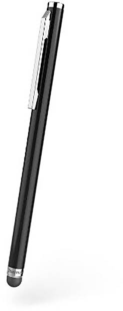 Black stylus pen with silver clip and tip, shown upright on a plain white background.