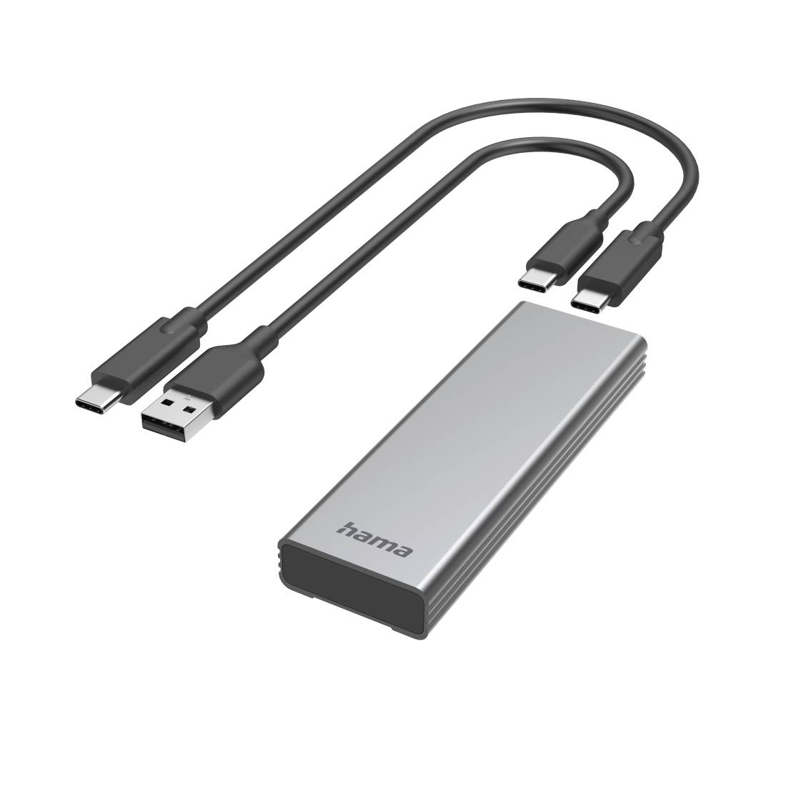 USB-C to USB-A cable connected to a gray external hard drive enclosure labeled 'hama'.