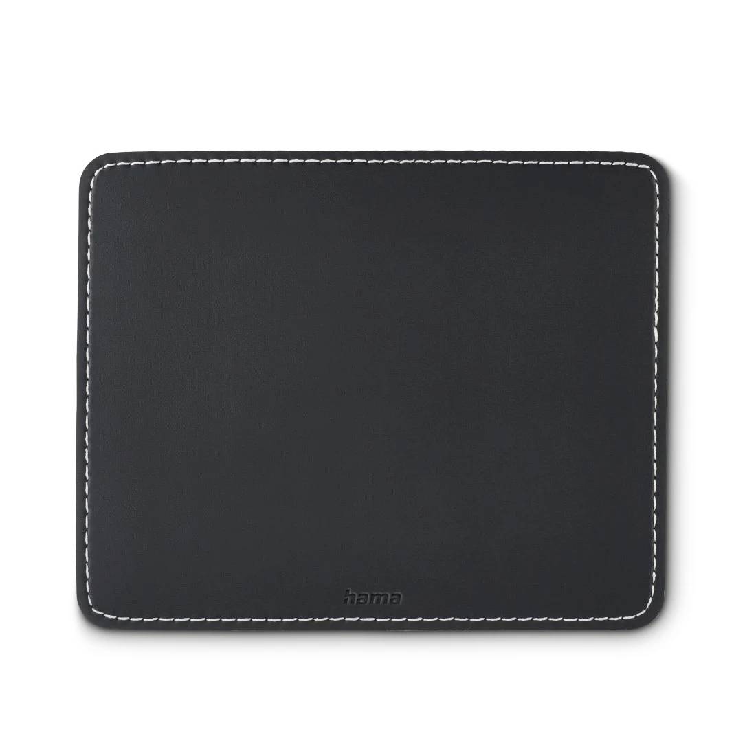 Black stitched leather-style mouse pad with rounded corners and subtle 'hama' logo, shown on a white background.