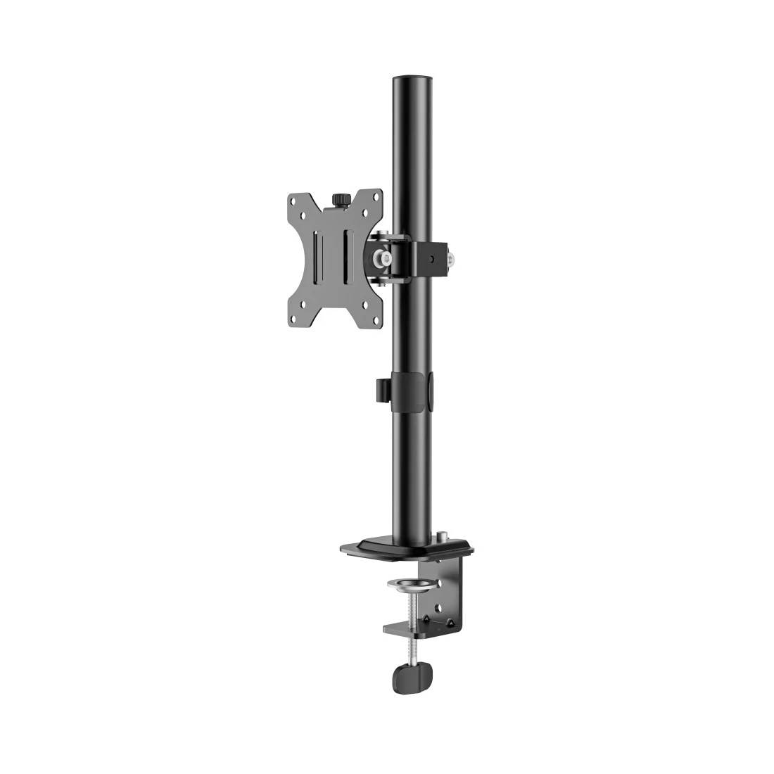 Black adjustable clamp-on monitor arm with VESA mount attached to a vertical pole and desk clamp base on a white background.