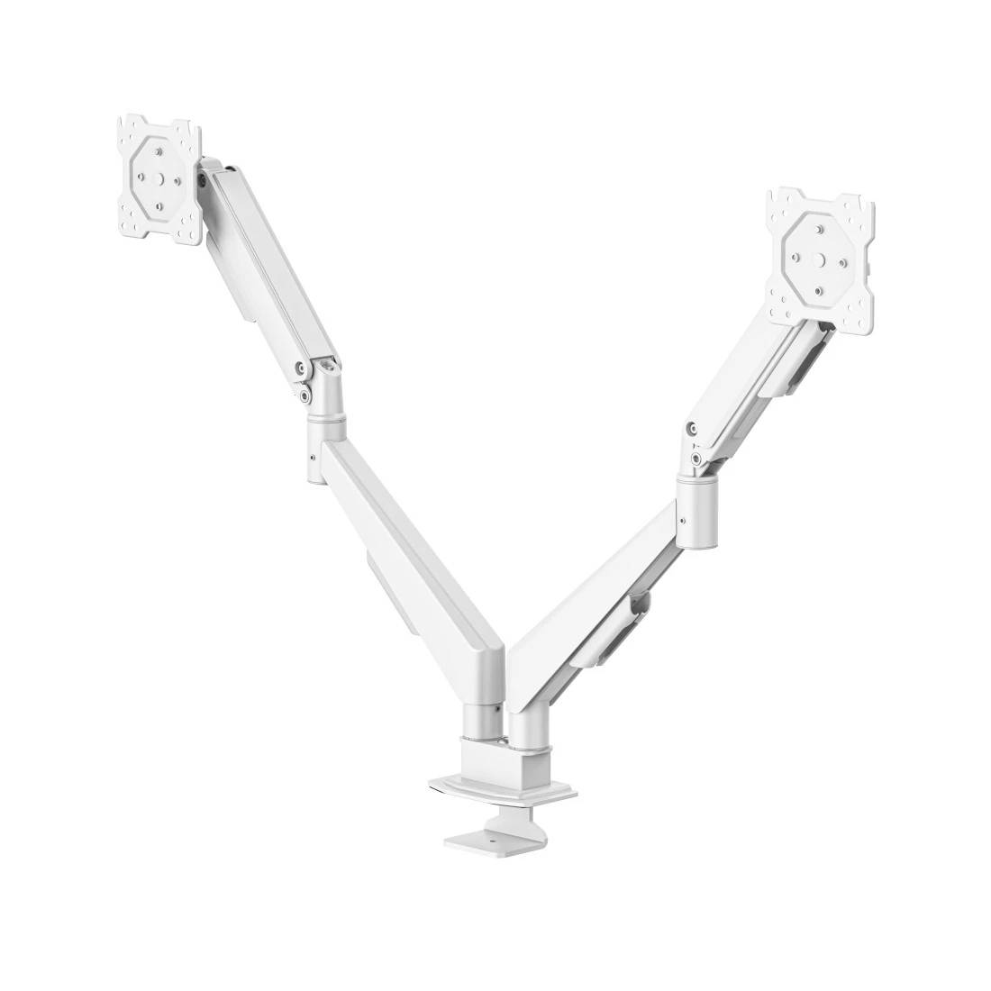 White dual-monitor arm mount with two adjustable brackets on a central desk clamp, shown on a plain background.