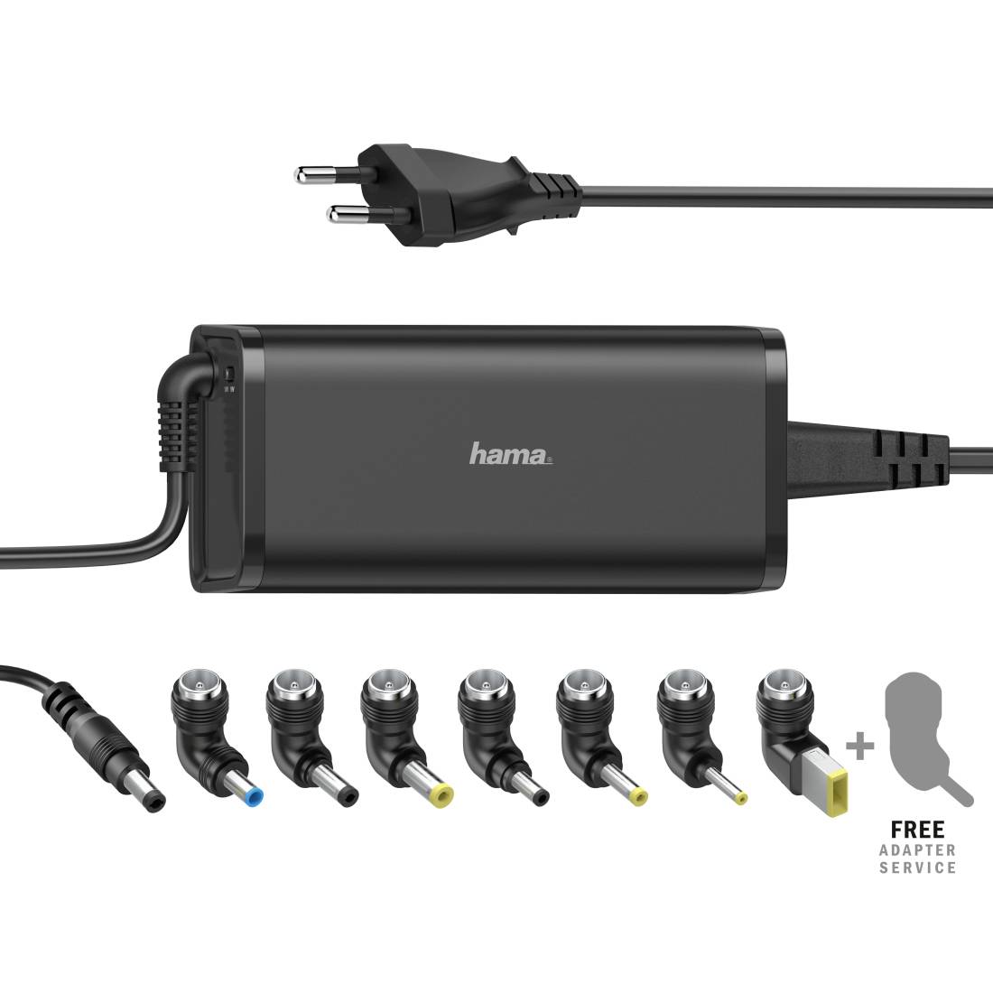 Hama laptop power adapter with plug, shown with multiple interchangeable connector tips and 'FREE ADAPTER SERVICE' icon.