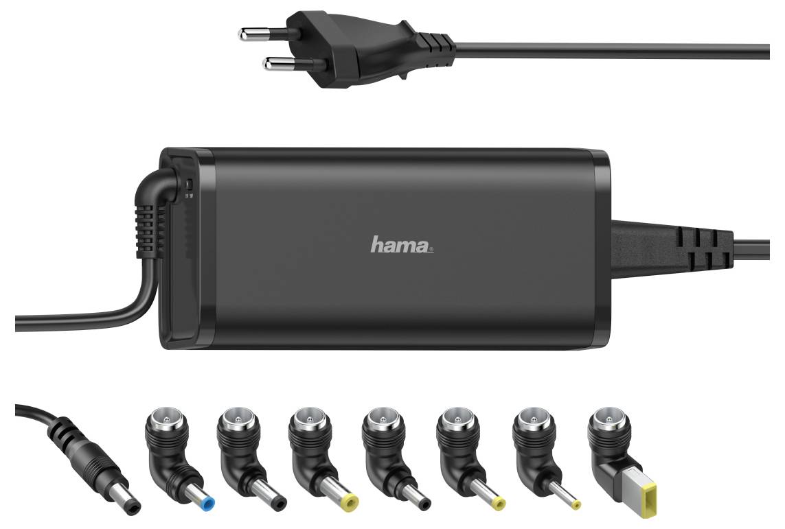 Black Hama power adapter with EU plug and multiple interchangeable connector tips shown below