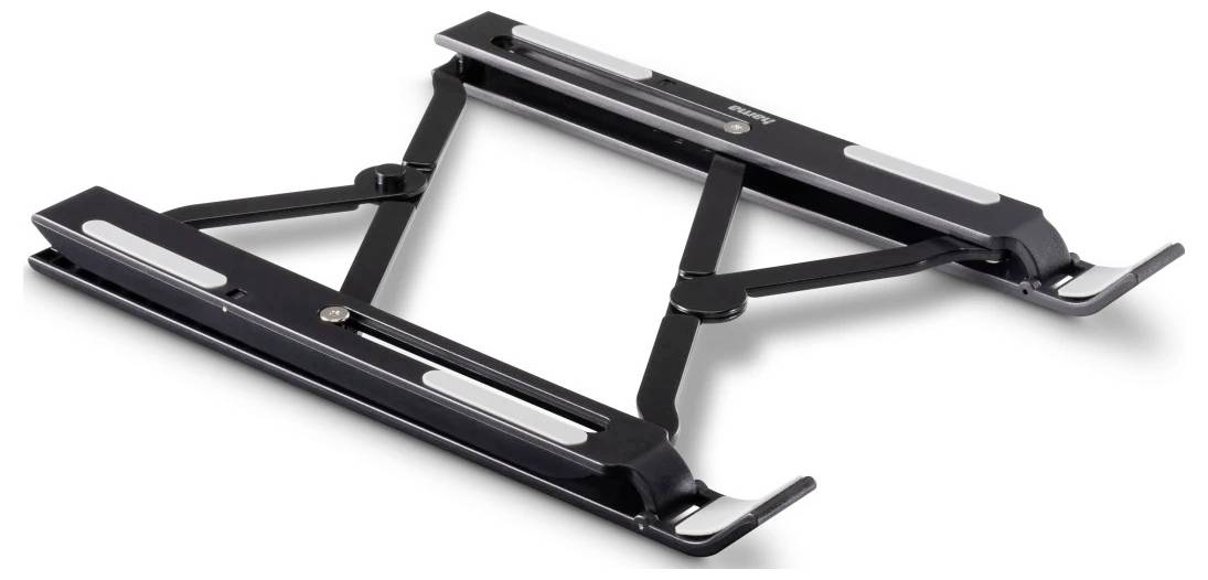 Black adjustable laptop stand with two raised platforms and fold-out support arms on a white background.