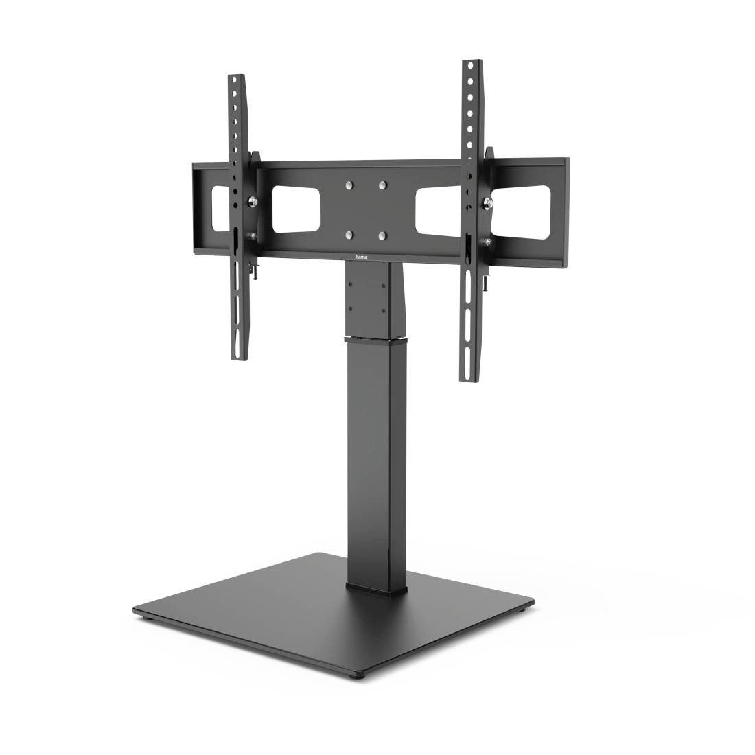 Black adjustable TV stand with flat base and mounting brackets, shown on a white background.