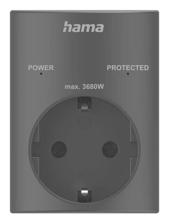 Gray Hama electrical outlet adapter with power and protected indicator lights, labeled max. 3680W.