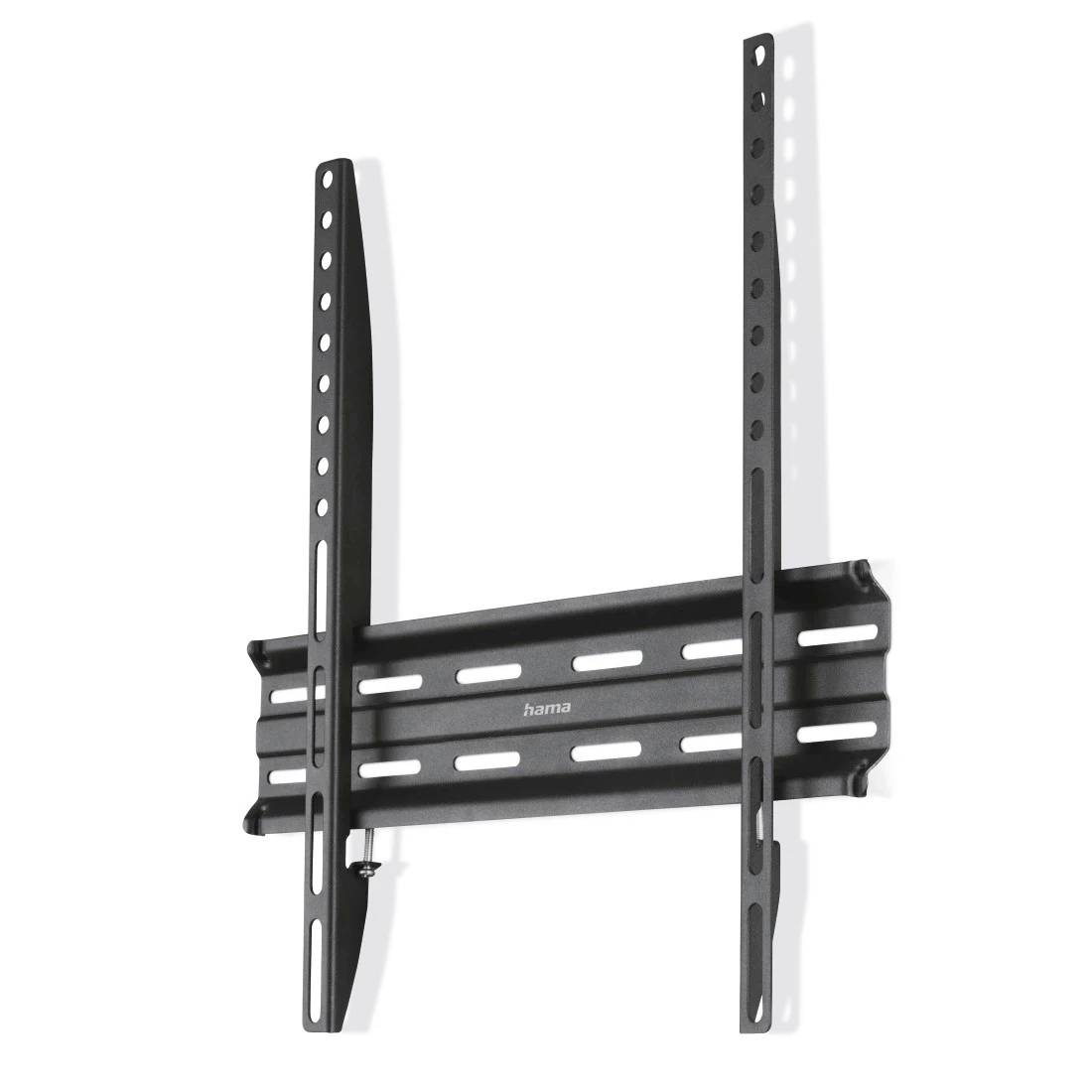 Black adjustable TV wall mount bracket with two vertical rails on a horizontal backplate, shown on a white background.