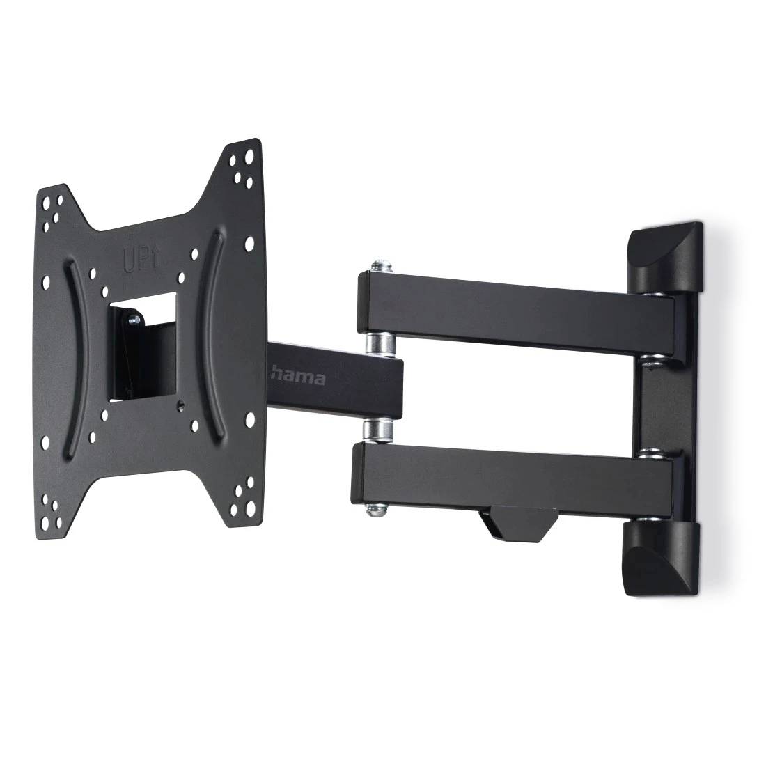 Black adjustable articulating TV wall mount with VESA plate and extending arms