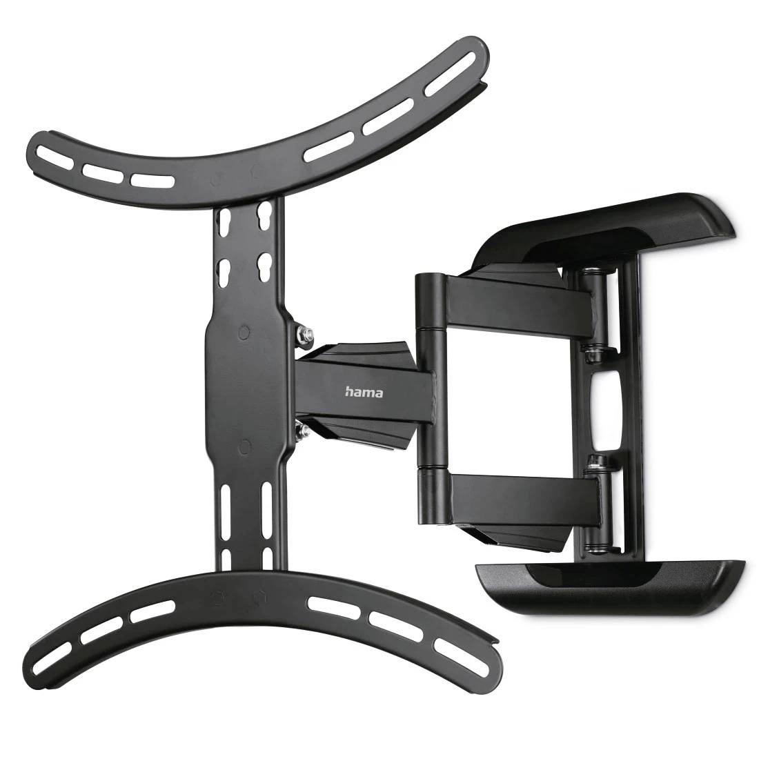 Black adjustable wall mount bracket with curved top and bottom rails and an articulating arm, shown on a white background.