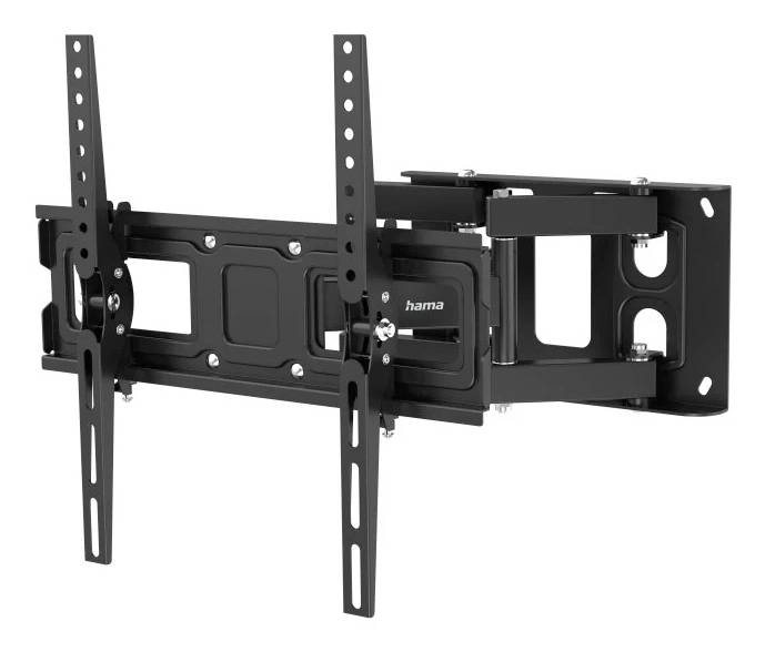 Black articulated wall mount bracket for a flat-screen TV, with two vertical support arms and a pivoting extension arm.