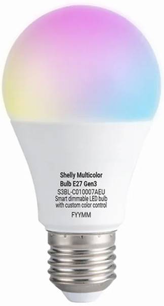 Smart multicolor LED bulb with pastel gradient top and silver screw base; label reads 'Shelly Multicolor Bulb E27 Gen3' and 'with custom color control'