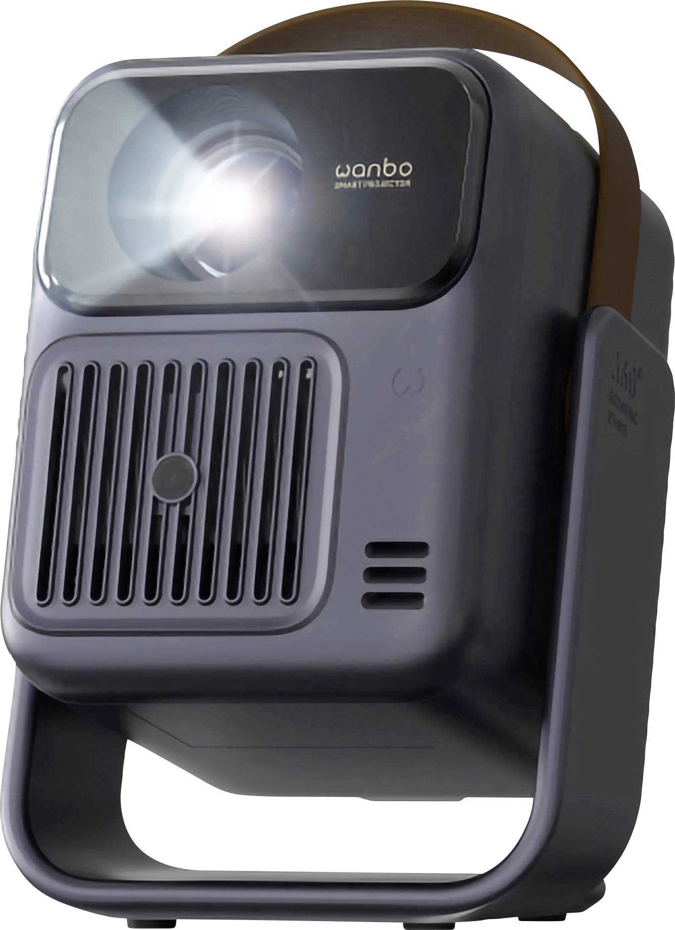 Portable projector with a glowing lens and carry handle, shown front view on a white background