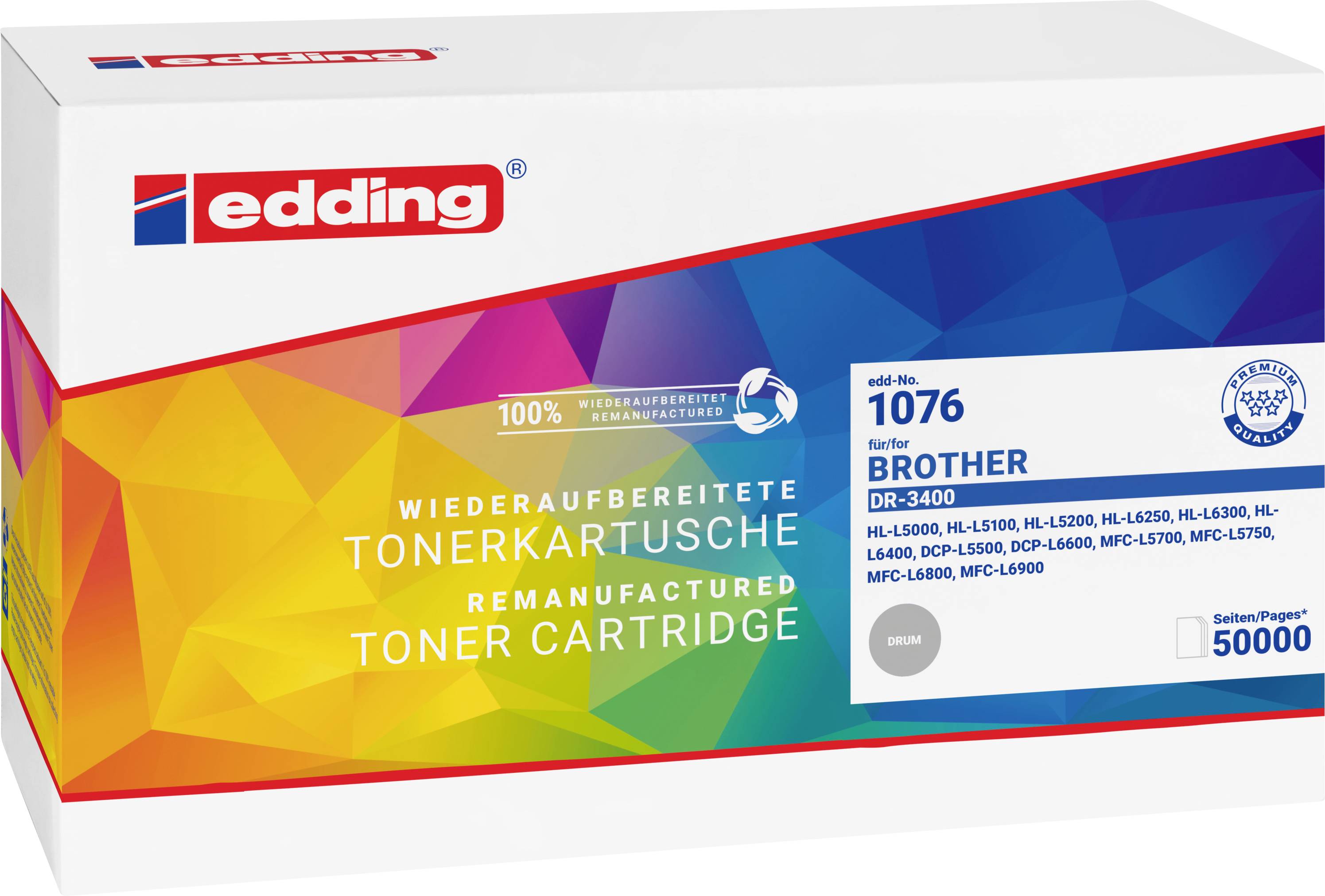 Edding remanufactured toner cartridge box for Brother printers, labeled 'Wiederaufbereitete Tonerkartusche' and '50000 pages'.