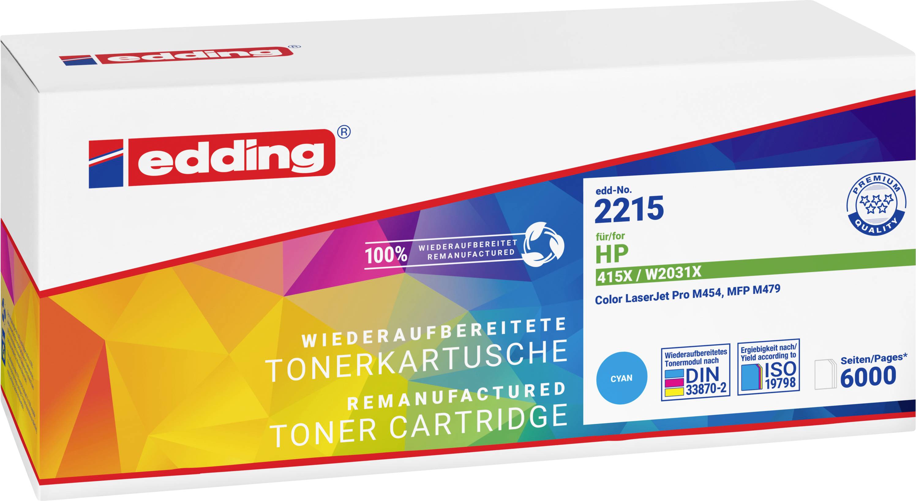 Packaging box for an edding remanufactured toner cartridge, labeled 'HP 415X/W2031X' in cyan, with 6000-page yield.