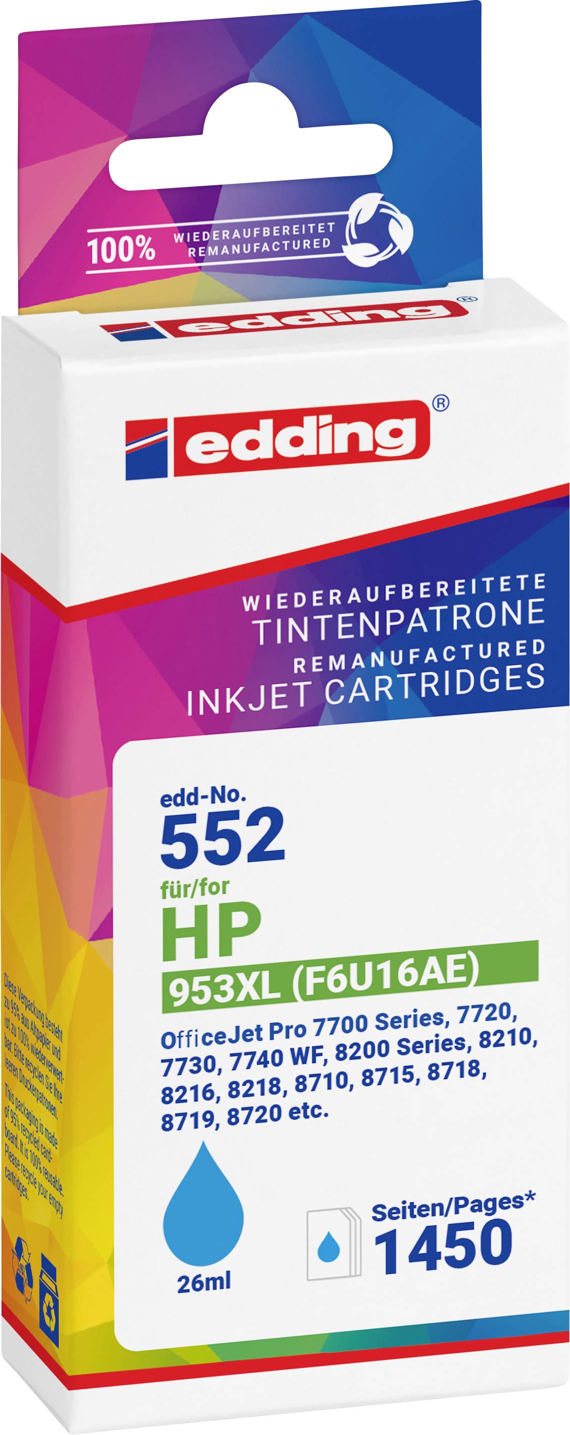 Product box for edding remanufactured inkjet cartridge, add-No. 552 for HP 953XL (F6U16AE), cyan, 26 ml, compatible with OfficeJet Pro 7700/7720/7730/7740 and related models.