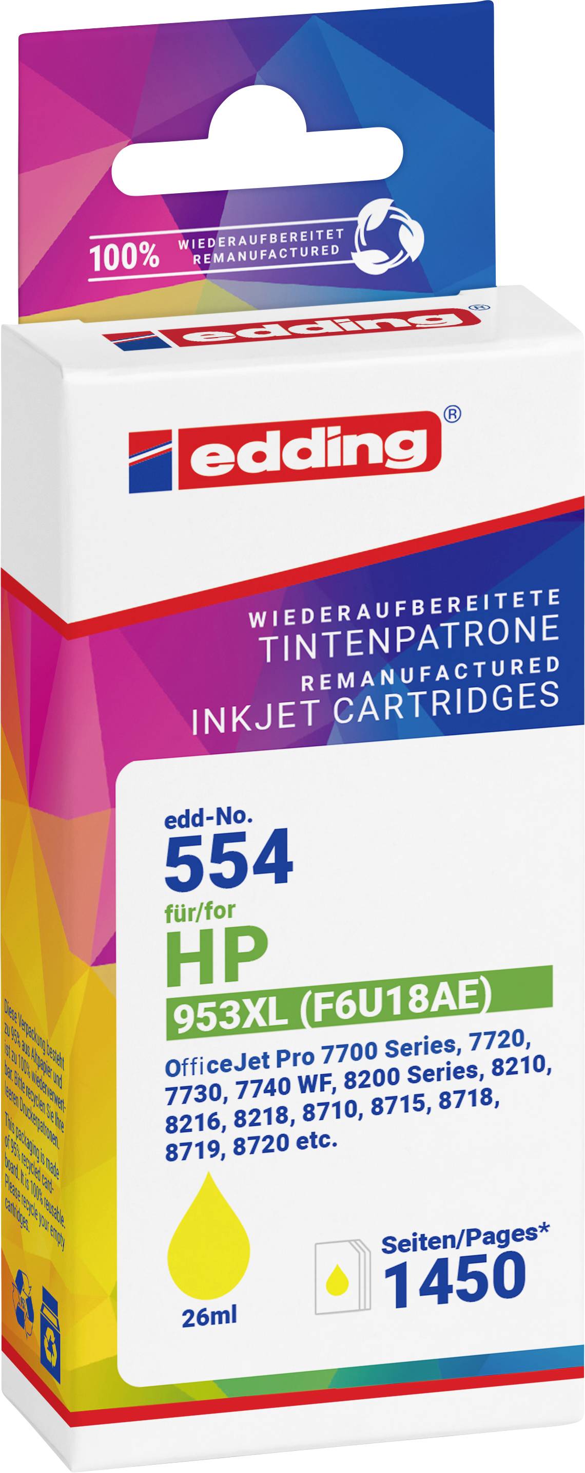 Edding remanufactured inkjet cartridge box, eDD-No. 554 for HP 953XL, black 26 ml, compatible with multiple HP OfficeJet Pro printers.
