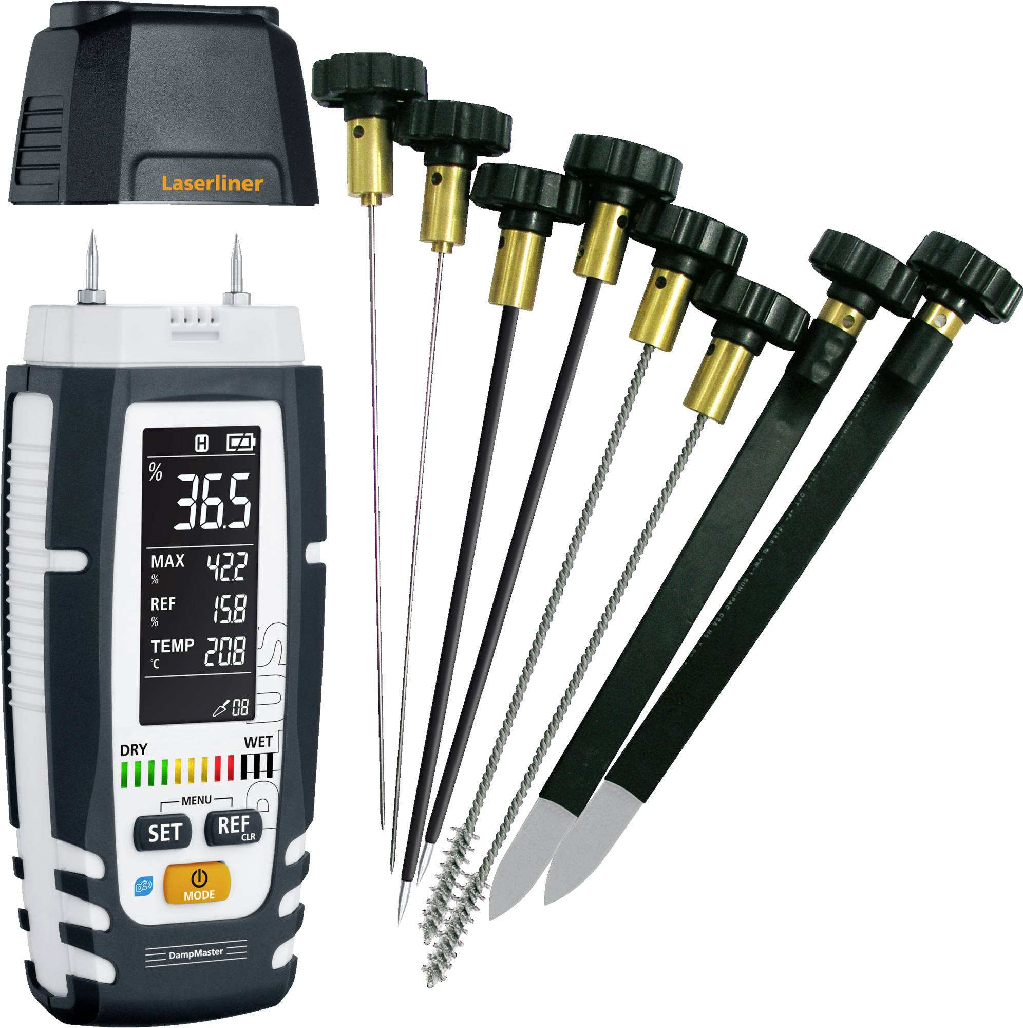Laserliner moisture meter with display and seven attached probe accessories for measuring dampness in materials.