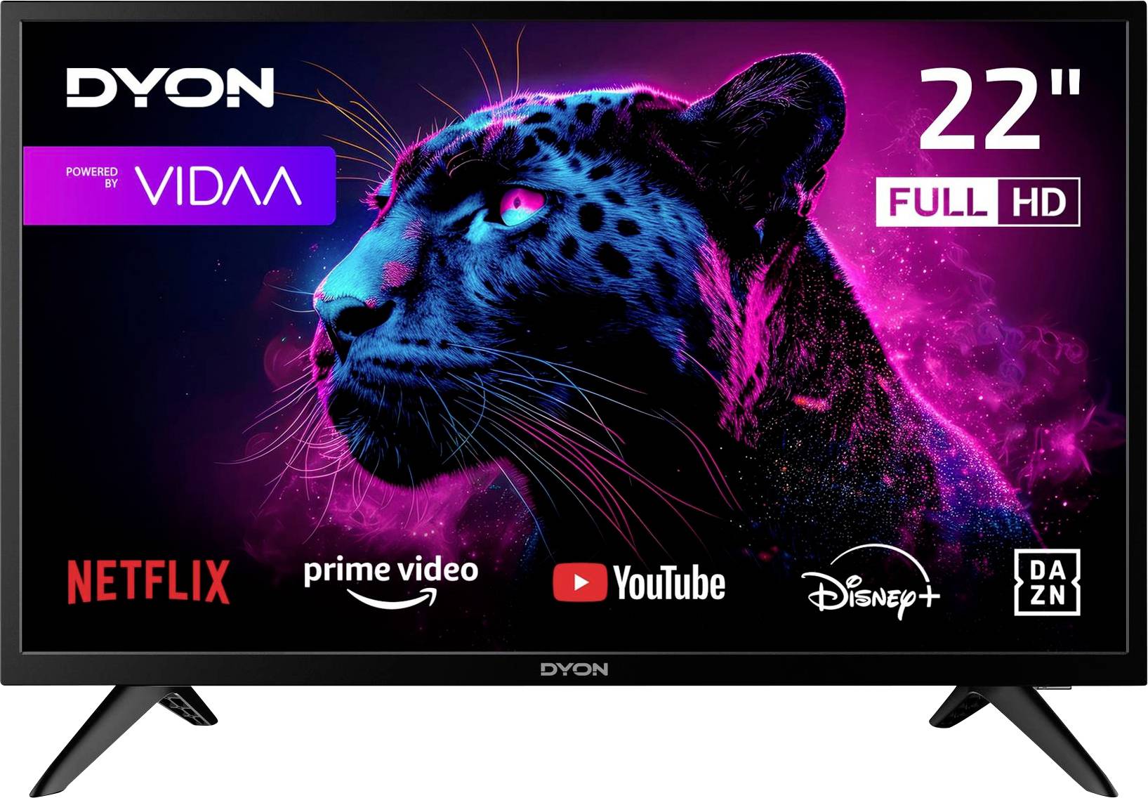DYON 22-inch Full HD smart TV with VIDAA, shown with streaming app logos Netflix, Prime Video, YouTube, Disney+ and DAZN.