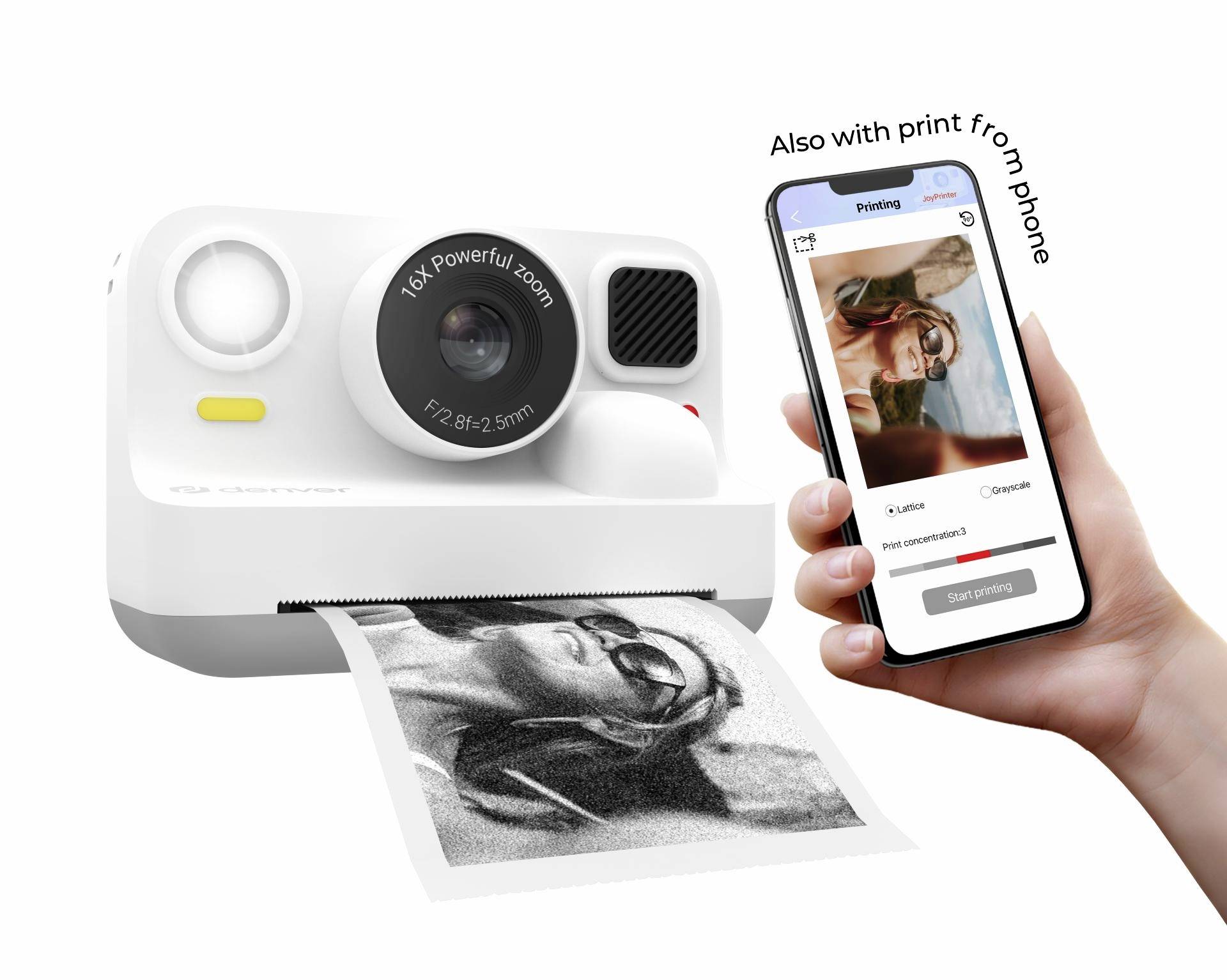 A handheld photo printer prints a portrait while a phone app shows 'Printing' and 'Also with print from phone' text.