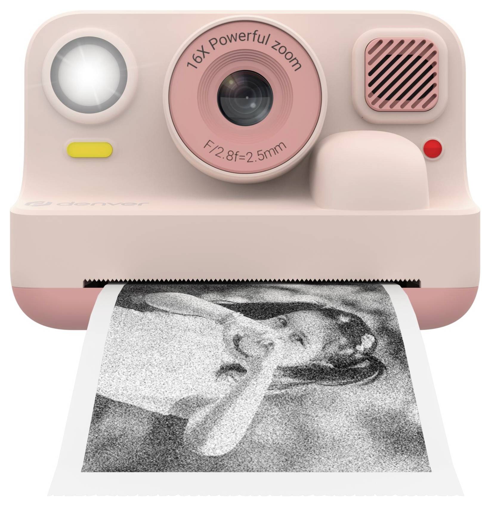 Pink instant camera printing a black-and-white portrait photo, with flash, lens, speaker, and small indicator lights visible.