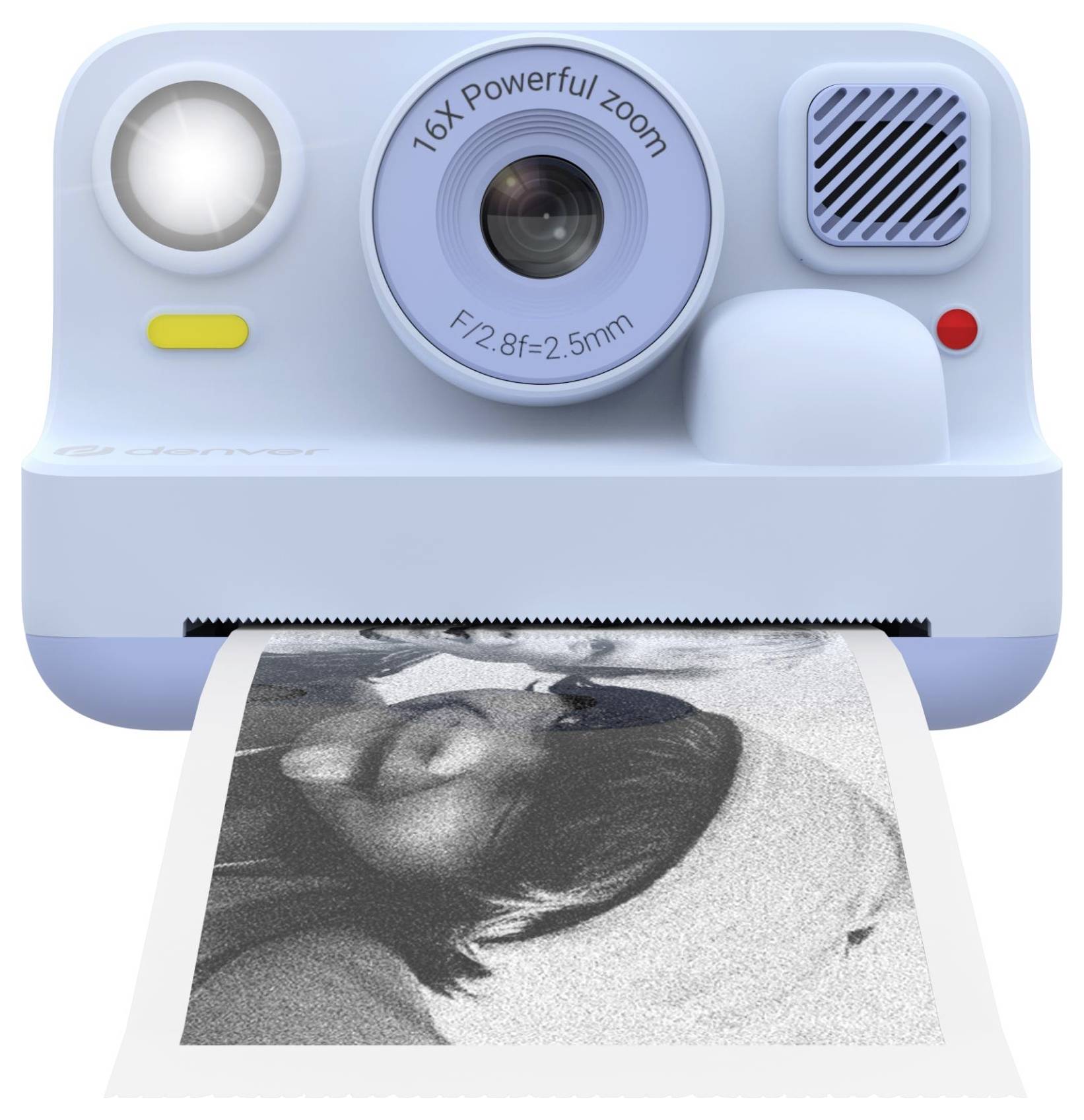 Blue instant camera printing a black-and-white photo of a smiling woman