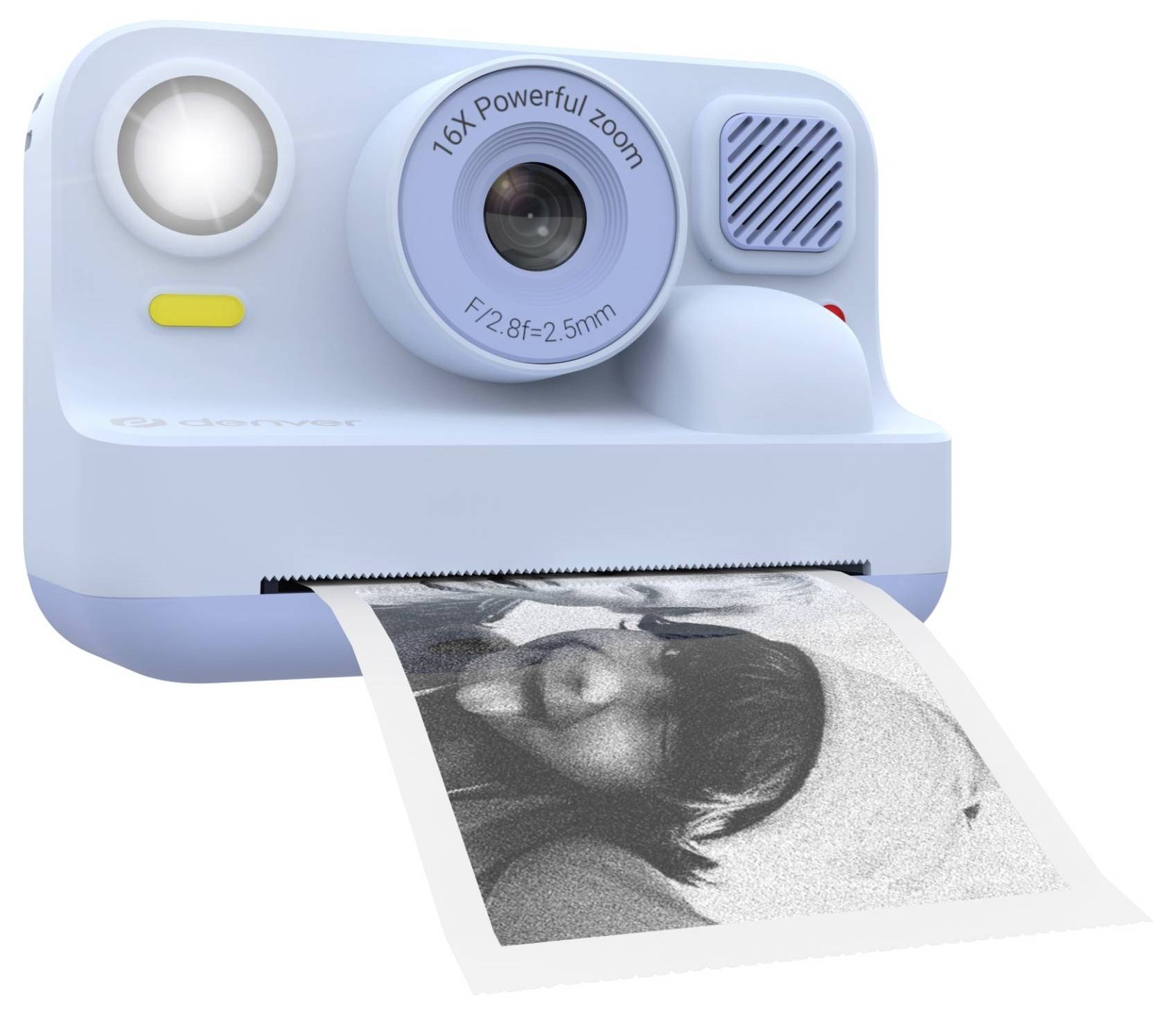 Blue instant camera printing a black-and-white photo of a woman’s face.