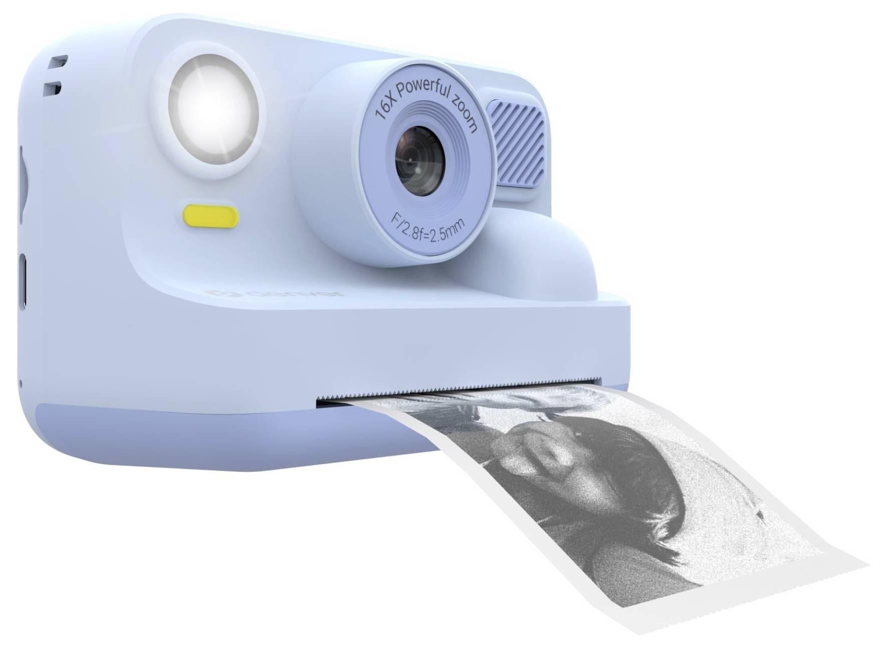 Light blue instant camera printing a black-and-white photo, with the flash on and lens labeled '16x powerful zoom'.