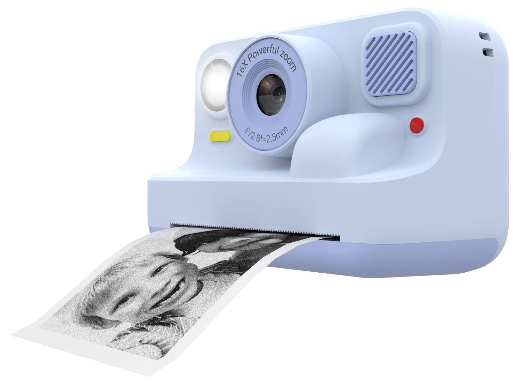 Light blue instant camera printing a black-and-white photo strip of a smiling person onto white paper.