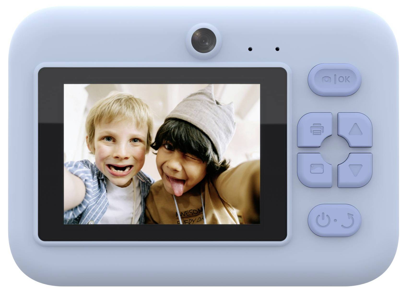 Light blue kids’ digital camera with screen showing two children taking a selfie, one smiling and one sticking out their tongue.