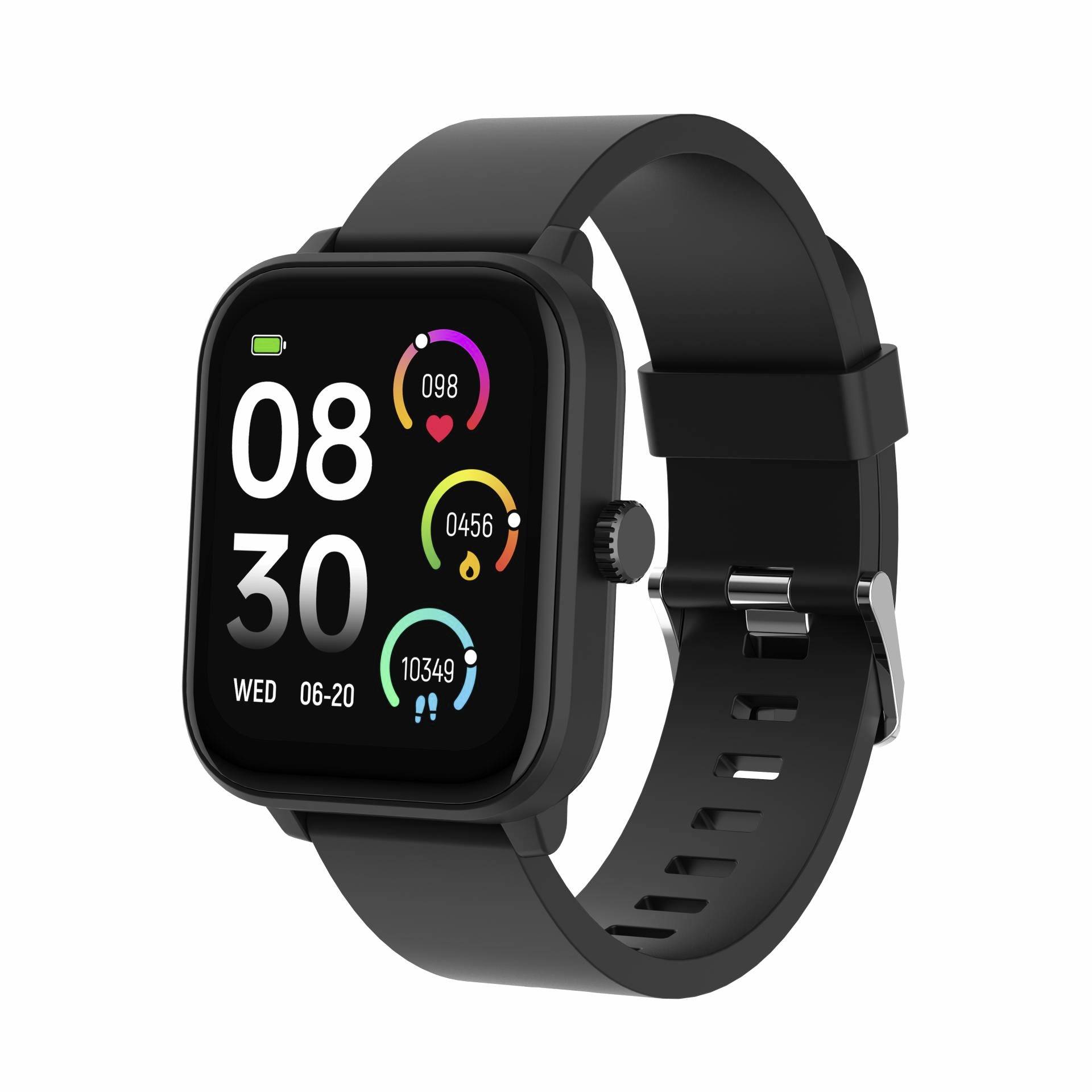 Black rectangular smartwatch with silicone strap, showing digital time 08:30, date WED 06-20, battery indicator, and activity ring widgets on a black screen.