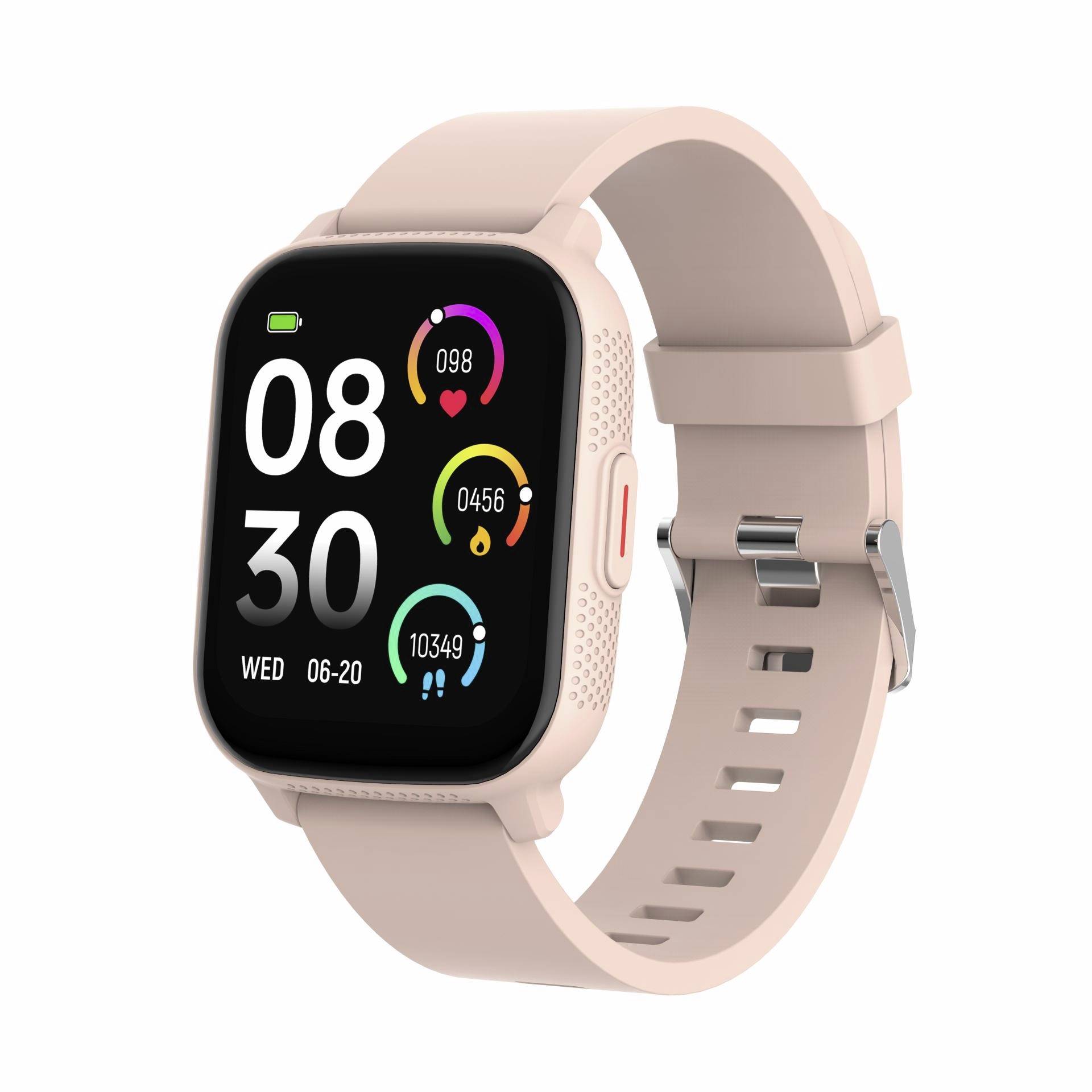 Pink smartwatch with a black display showing 08:30, date WED 06-20, and fitness/health icons.