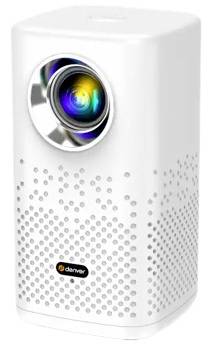 White portable projector with a large front lens and perforated grille, shown on a plain background.